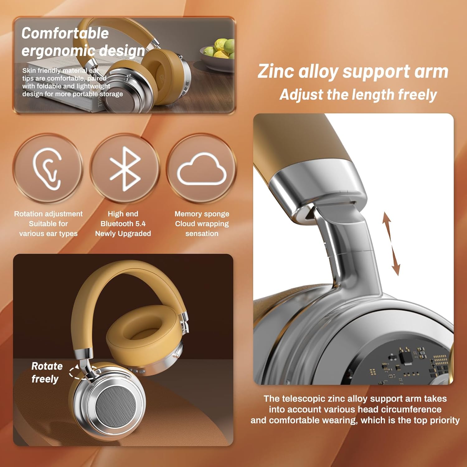 Wireless Headphones Bluetooth, Noise Canceling Headphones Over Ear, Built-in Micphone, 38 Hours Up Battery Life, Bluetooth 5.4&HIFI, Retro Headphone for Home Office Travel Birthday Gift（Brown）