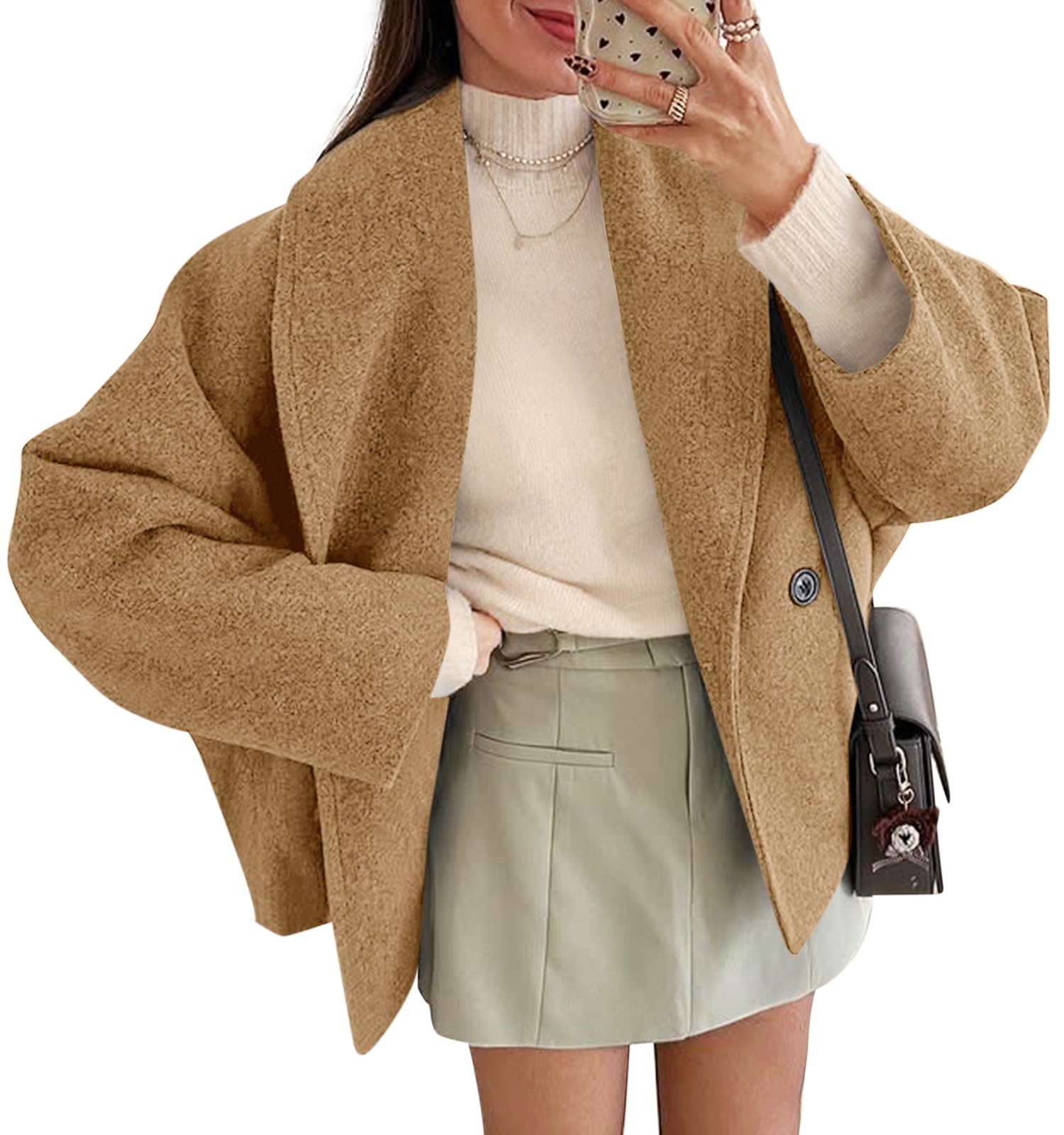 Yousify Womens Cropped Pea Coats Oversized Wool Blend Short Jackets Lapel Double Breasted Fall Winter Outerwear Outfits