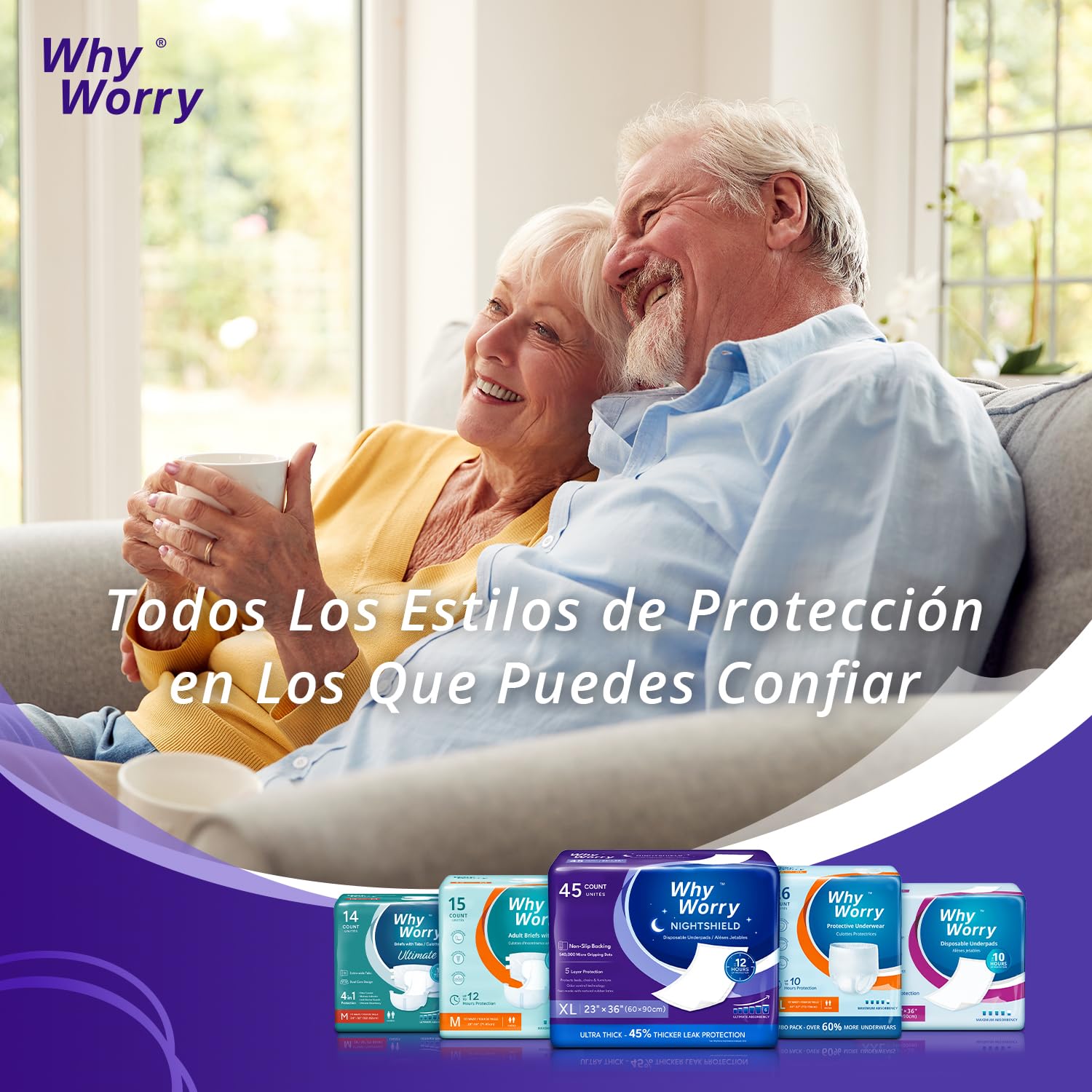WhyWorry NightShield - Travesaños de cama para personas mayores, 76 x 90 cm, protector de cama para incontinencia adultos, absorbentes desechables salvamanteles, impermeables y antiolores, para mujer