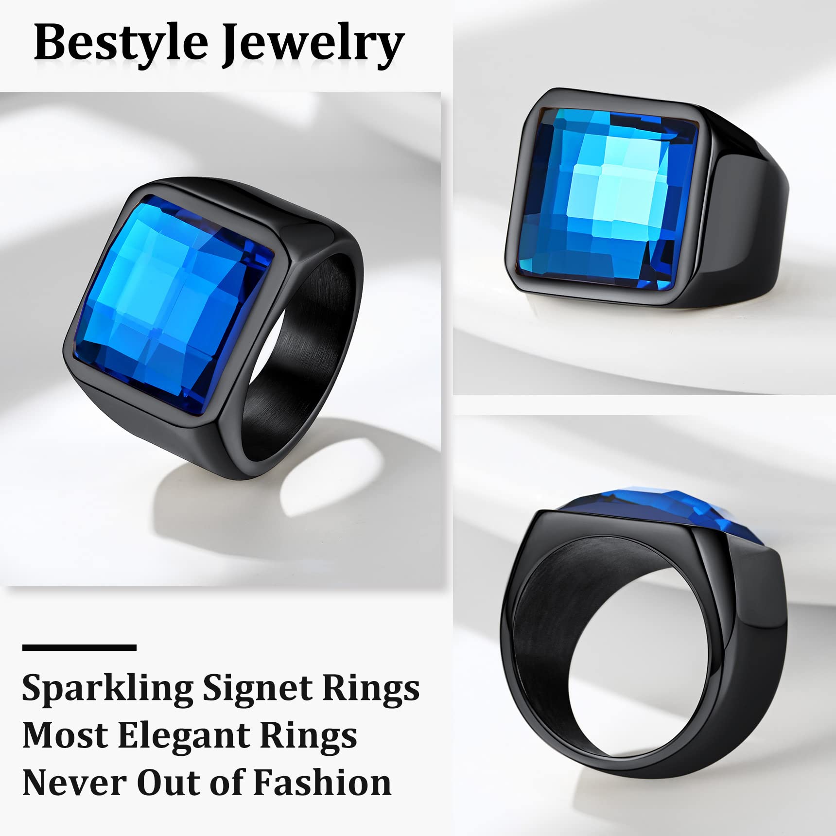 Bestyle Anillo Hombre Grande Anillos de Sello Cuadrado 15mm Ancho Anillo con Piedra Negro/Azul Anillos Acero Inoxidable Personalizados Anillos Hombre Tamaño 14.5-32.5