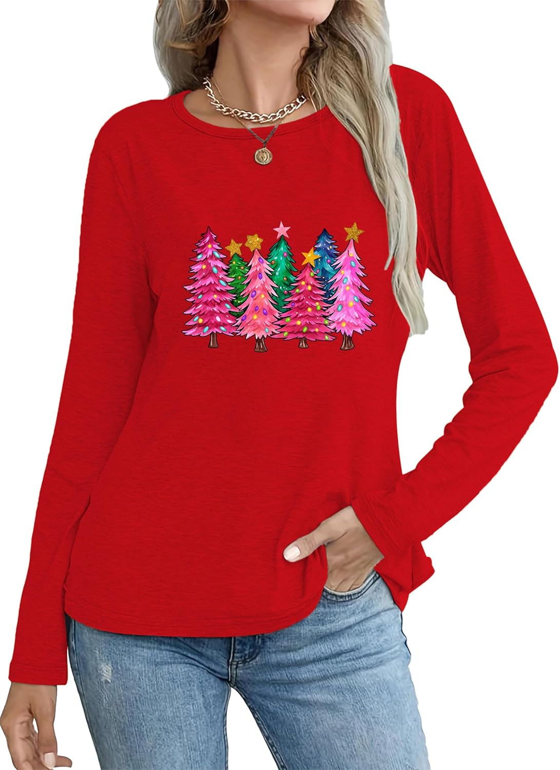 Women's Christmas Shirts Long Sleeve Merry Christmas Tree Shirts for Women Xmas Holiday Party Tees Tops - Image 2