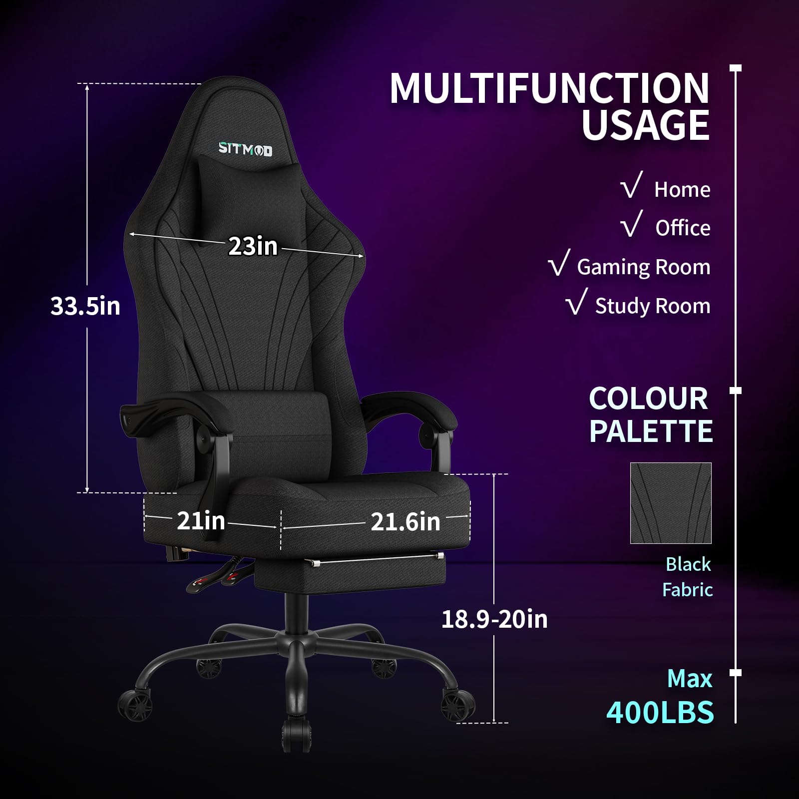 Sedie Gaming, Poltrona Altezza Regolabile con poggiatesta, Sedia da Ufficio Ergonomica, e supporto lombare sedia per PC, girevole a 360 gradi Sedia da gioco in tessuto, per ufficio e casa, Nero