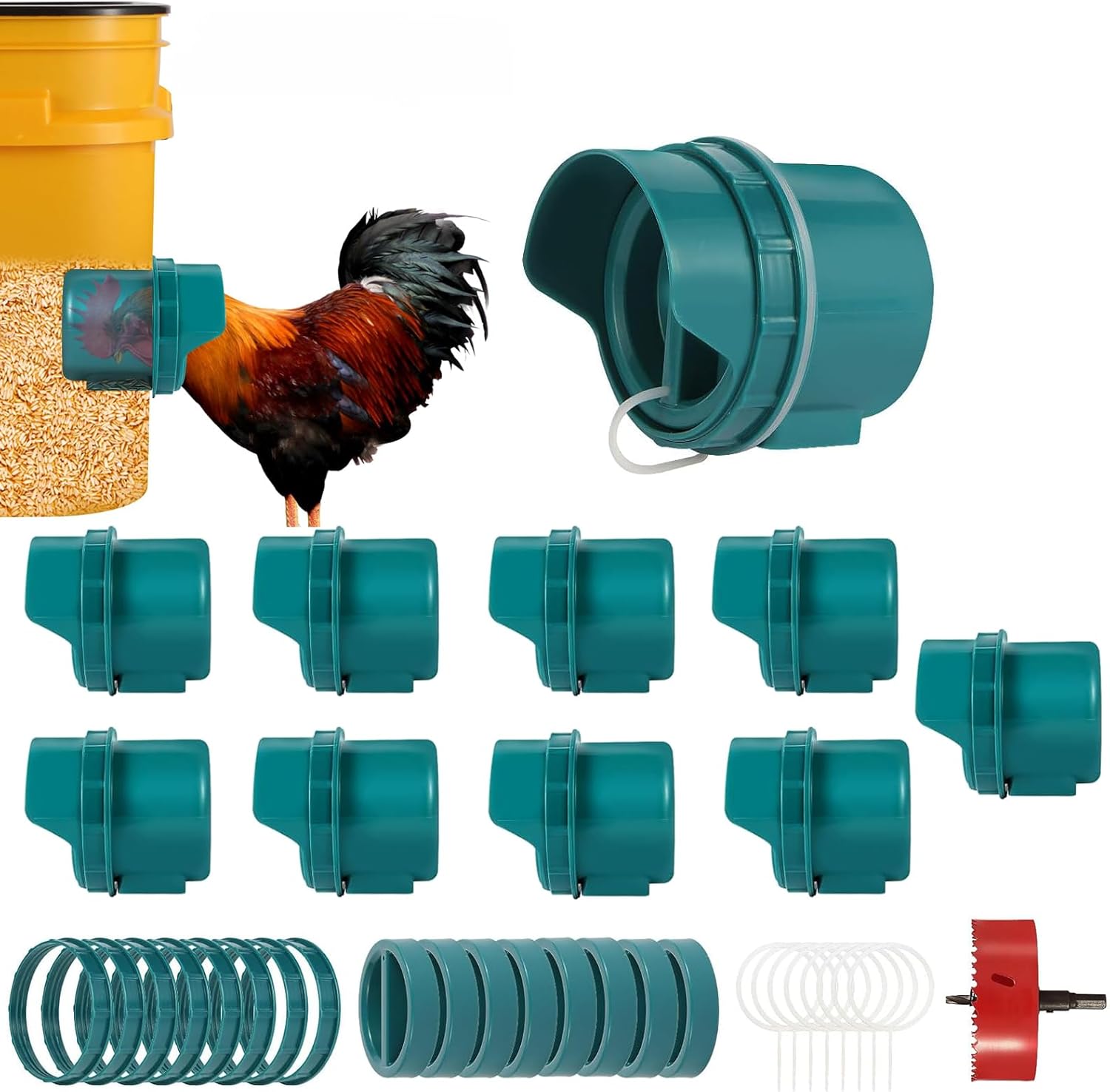 Chicken Feeder No Waste, 10 Ports Automatic Poultry Feeder with Covers & Hole Saw, Rain Proof Chicken Feeder Port for Buckets, Bins & Barrels