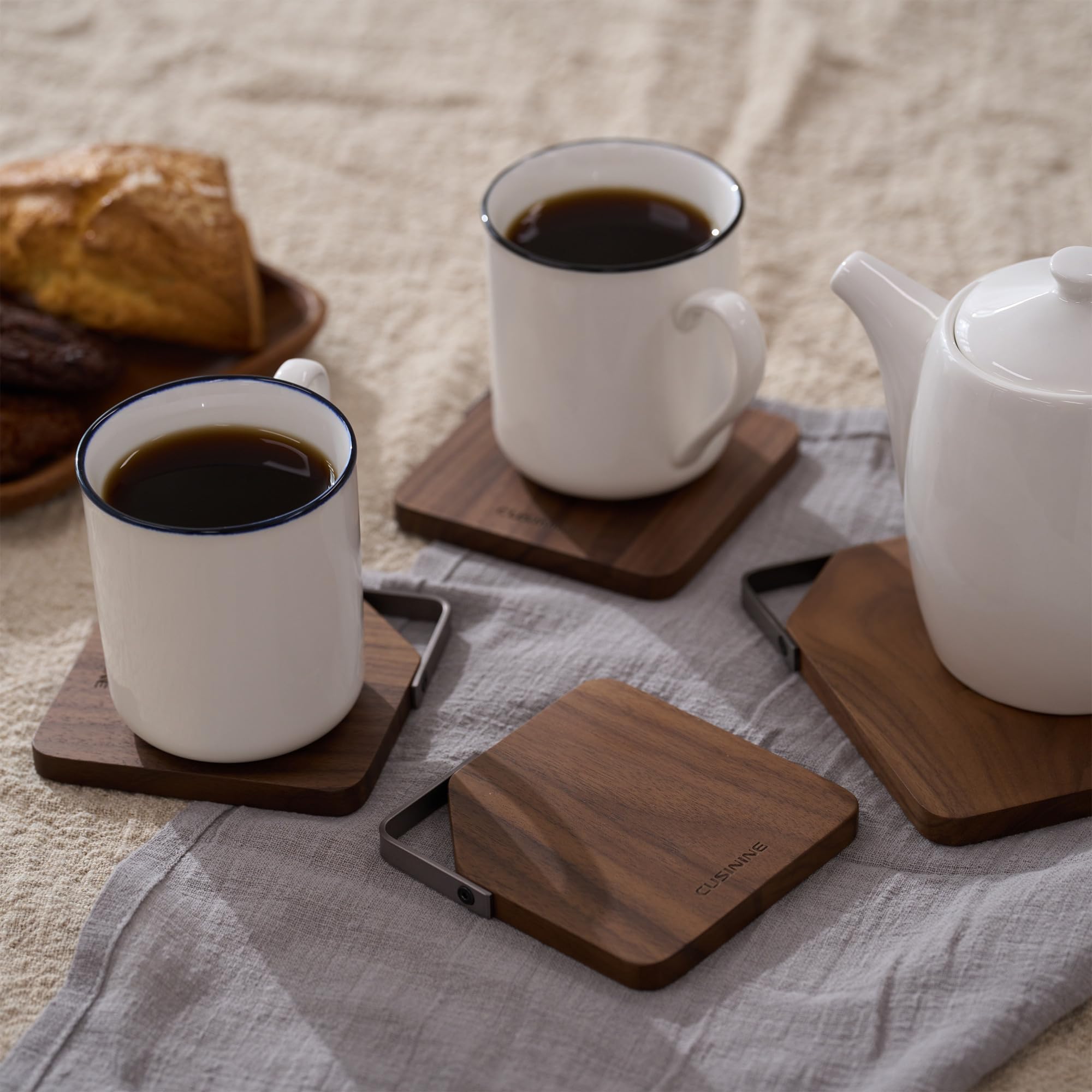 Posavasos de madera de nogal negro norteamericano para bebidas, juego de 4 piezas, posavasos cuadrados de madera de granja con gancho para mesa de café
