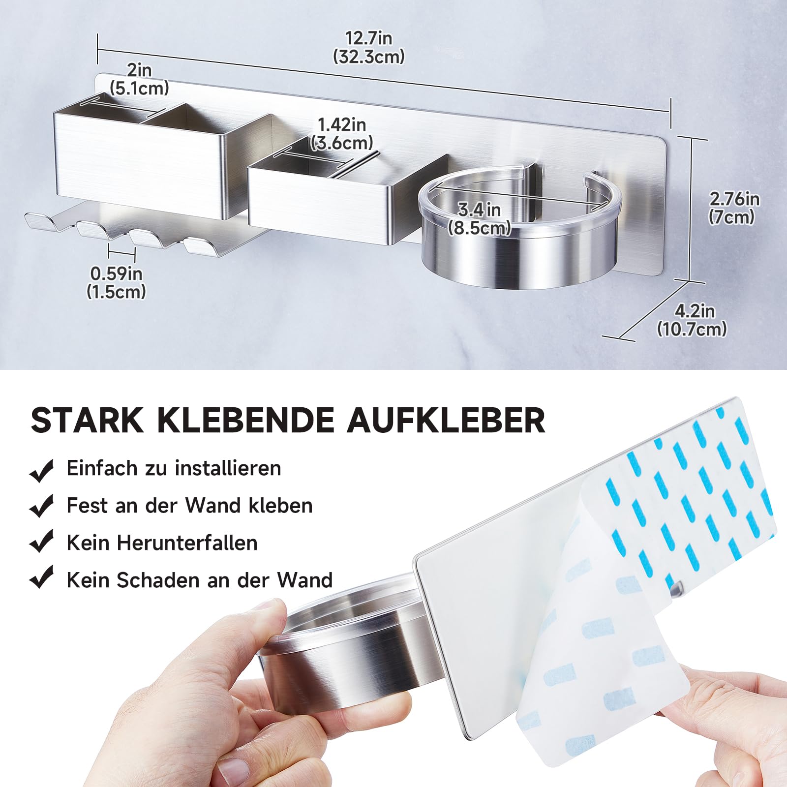 YYBO Porta Phon e Piastra Adesivo, Porta Phone Bagno da Muro, Porta Asciugacapelli Senza Foratura, Porta Piastra per Capelli, Supporto asciugacapelli per Barbiere e Hotel (Argento)