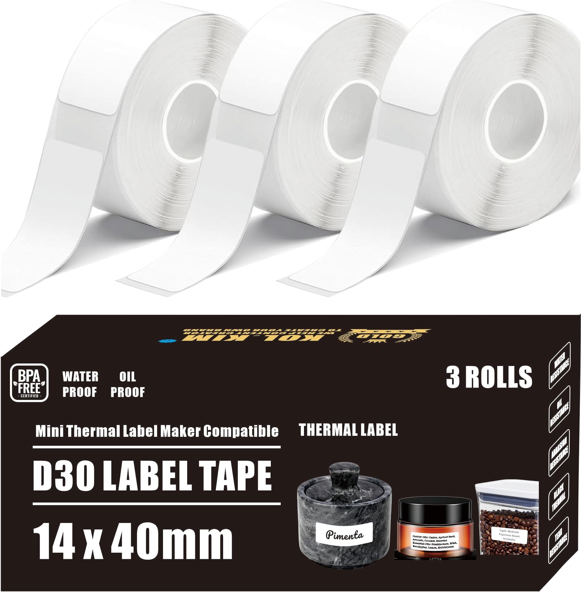 KOl.KIM D30 Labels, Waterproof Oil Proof for Phomemo D30 D35 Q30 Thermal Mini Label Maker Label Tape Refills for Vretti HP3 MARKLIFE P11 White 3 Rolls 14mm x 40mm (0.55"x1.57")