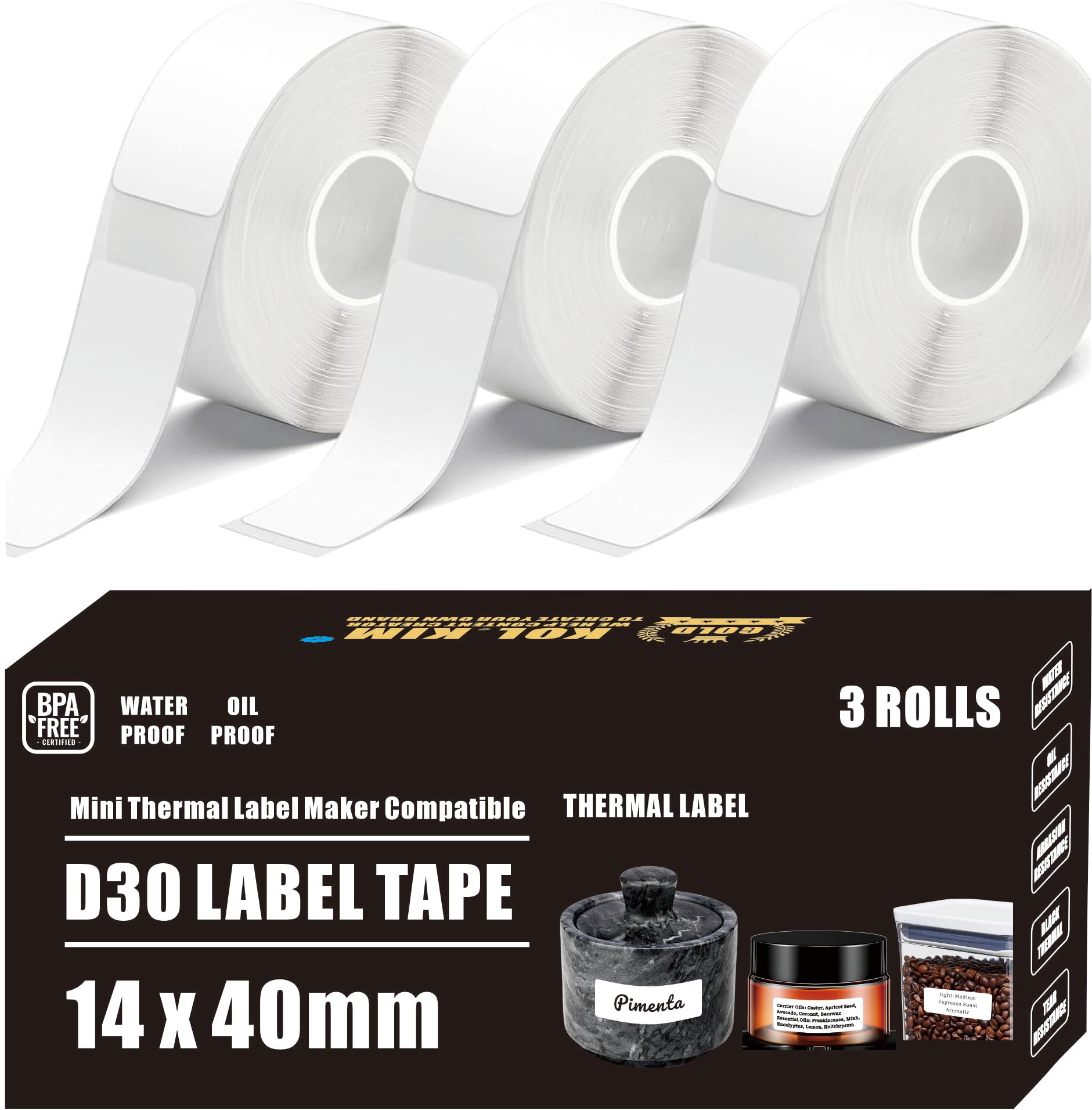 KOl.KIMD30 Labels, Waterproof Oil Proof for Phomemo D30 D35 Q30 Thermal Mini Label Maker Label Tape Refills for Vretti HP3 MARKLIFE P11 White 3 Rolls 14mm x 40mm (0.55"x1.57")