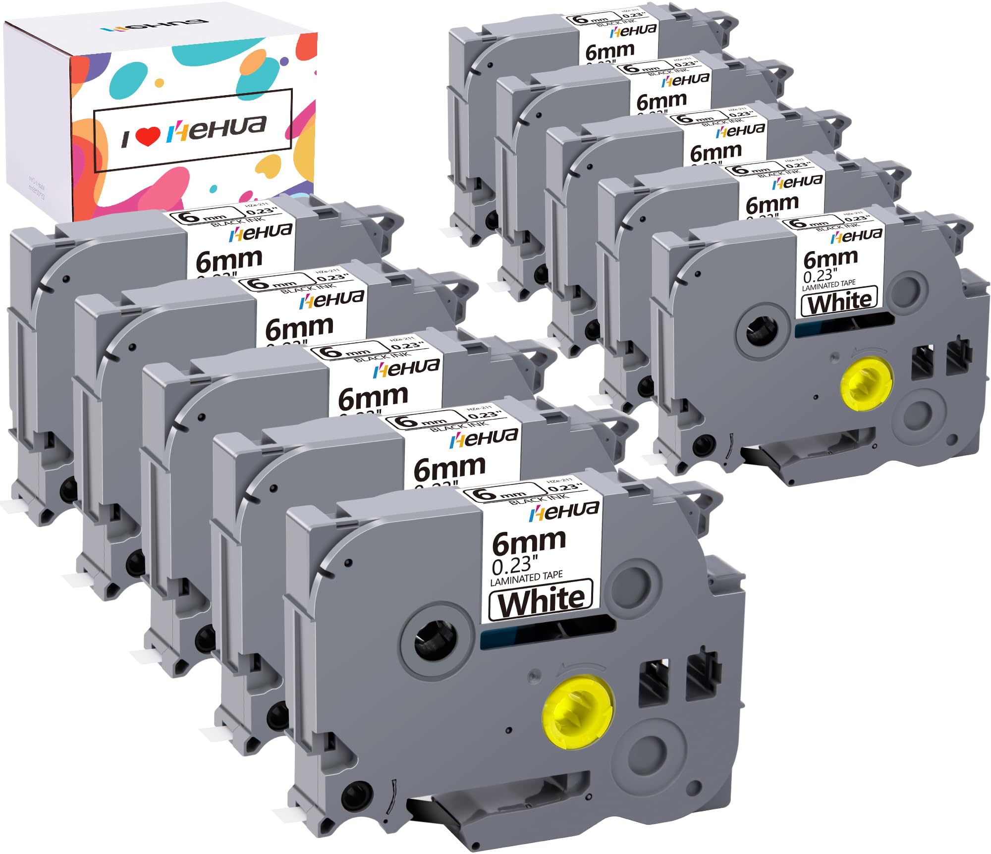 Hehua Compatible 1/4" (0.23") Laminated Tape Replacement for Brother P-Touch TZe-211 TZe211 TZ211 TZ-211 Label Tape, 6mm x 8m Black on White TZ Label