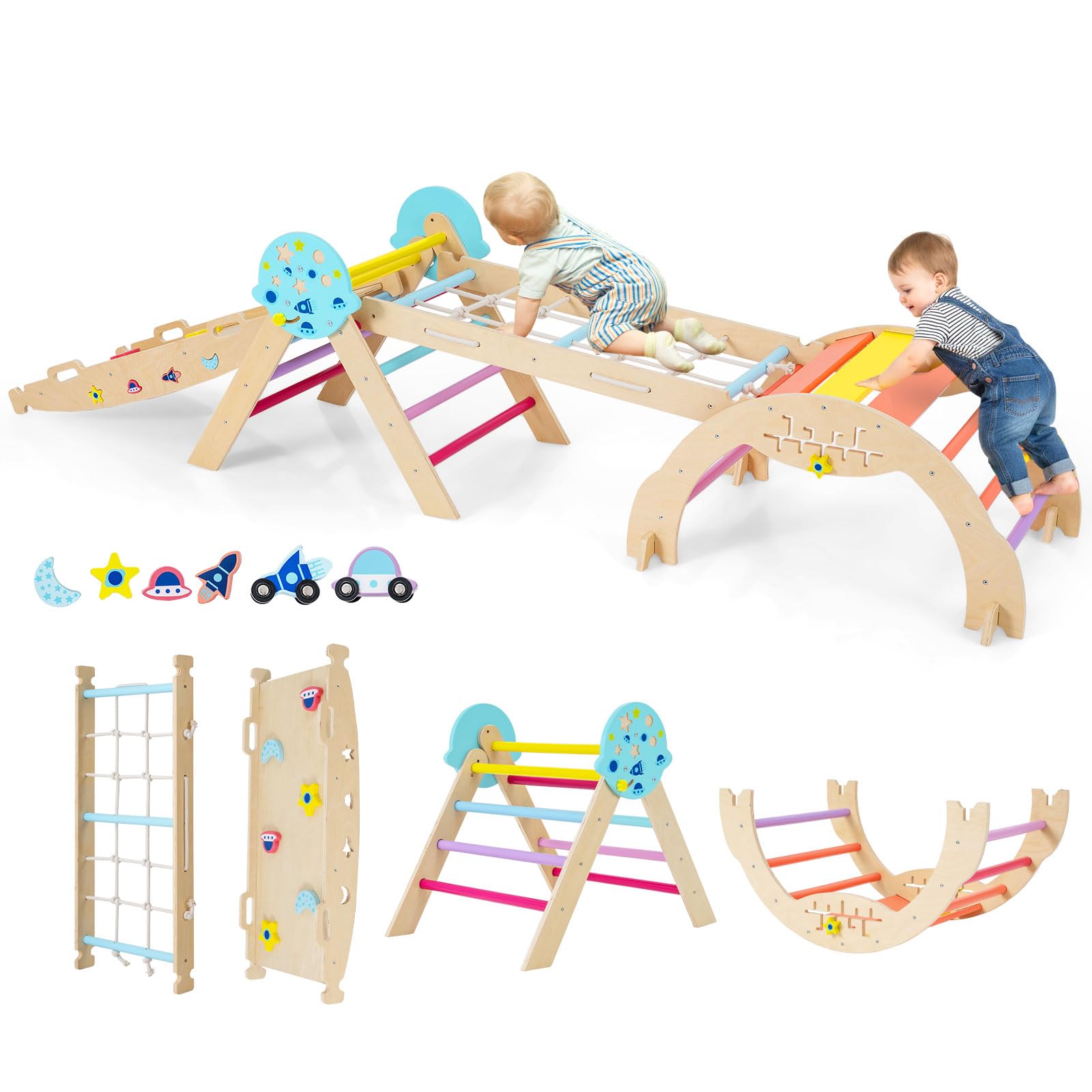 COSTWAY Toddler Climbing Frame, Kids Wooden Climber Toys Set with Arch, Reversible Ramp, Indoor Montessori Play Gym for Boys Girls 3 Years Old+ (8 in 1 Spaceman-Themed, Colorful)