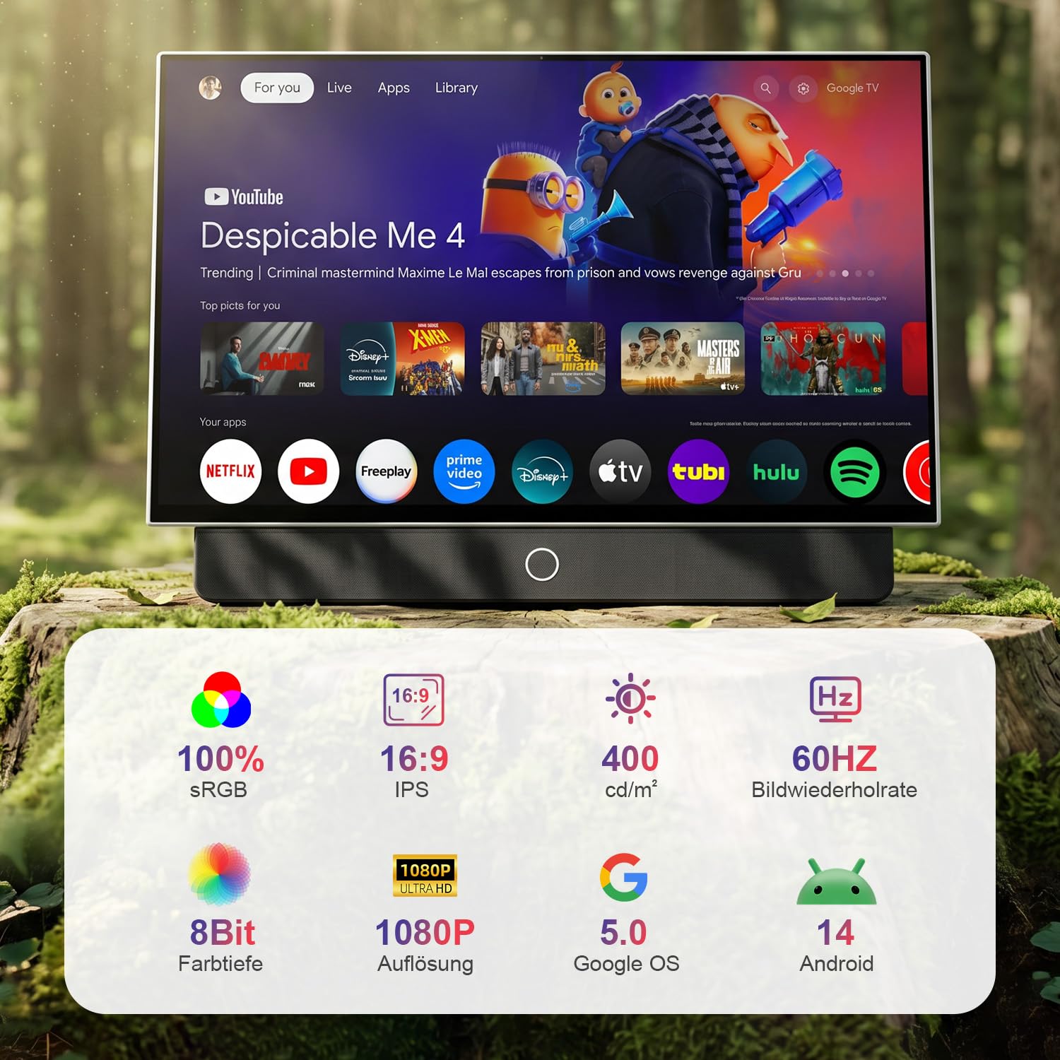 VLH 27 Zoll Tragbarer Fernseher, Smart Google TV, Batteriebetriebener Outdoor-Fernseher 1080P, Dolby Audio, 300cd/m², WLAN ＆ Bluetooth, Fernbedienung für Google Assistent, Ideal für Camping, Parties