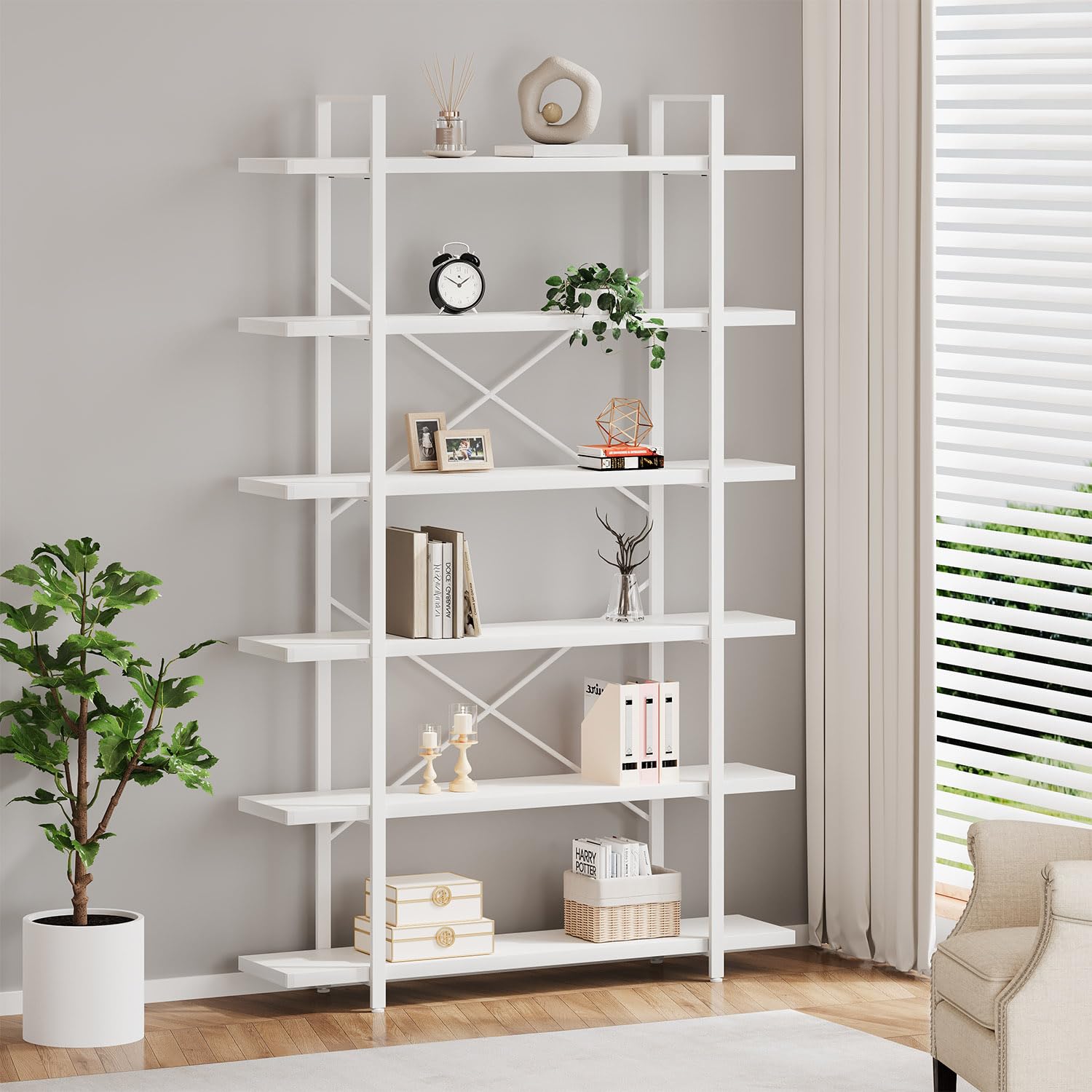 HSH 6 Tier Tall White Bookshelf Industrial Modern Vertical Metal and Wood White Bookcases 6 Shelf Farmhouse Open