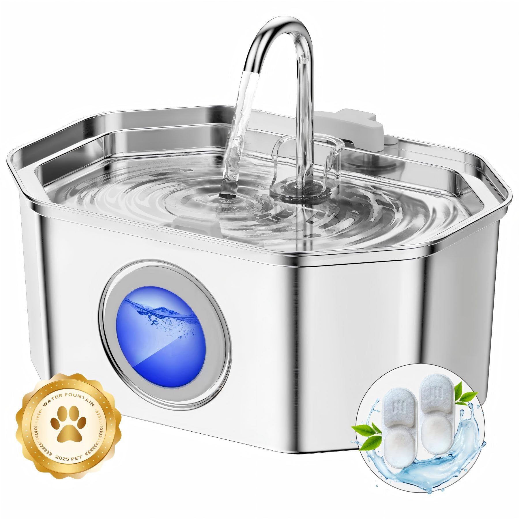 Fontanella per gatti,Apauk 3.2L fontanella per gatti acciaio Inox, Ultra silenziosa,con finestra LED, sistema di filtraggio multistrato (con 2 filtri & 2 spugne S)
