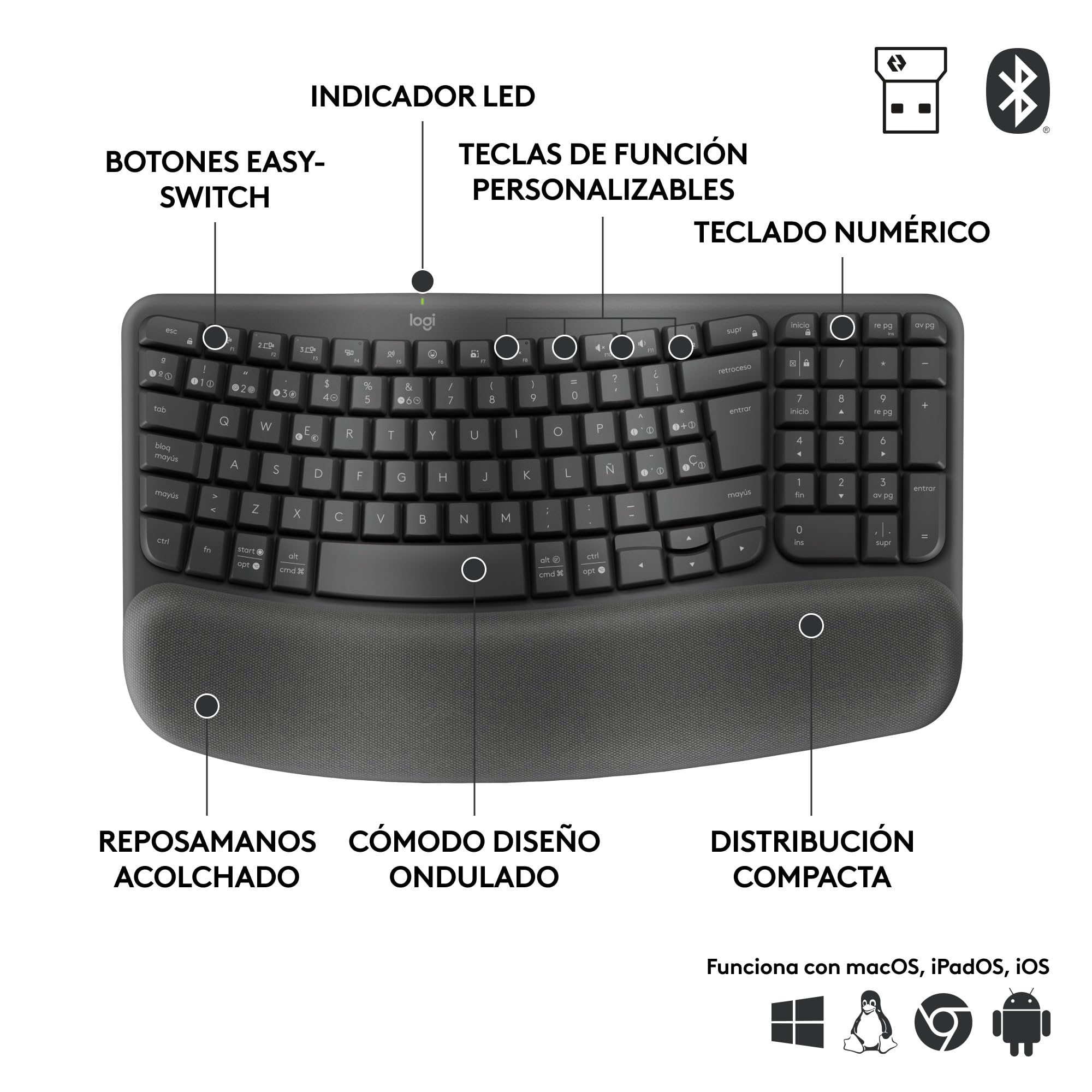 Logitech Wave Keys for Business, teclado ergonómico inalámbrico con reposamanos acolchado, tecnología Logi Bolt segura, Bluetooth, compatible, Windows/Mac/Chrome/Linux, Disposición QWERTY ESP, Grafito