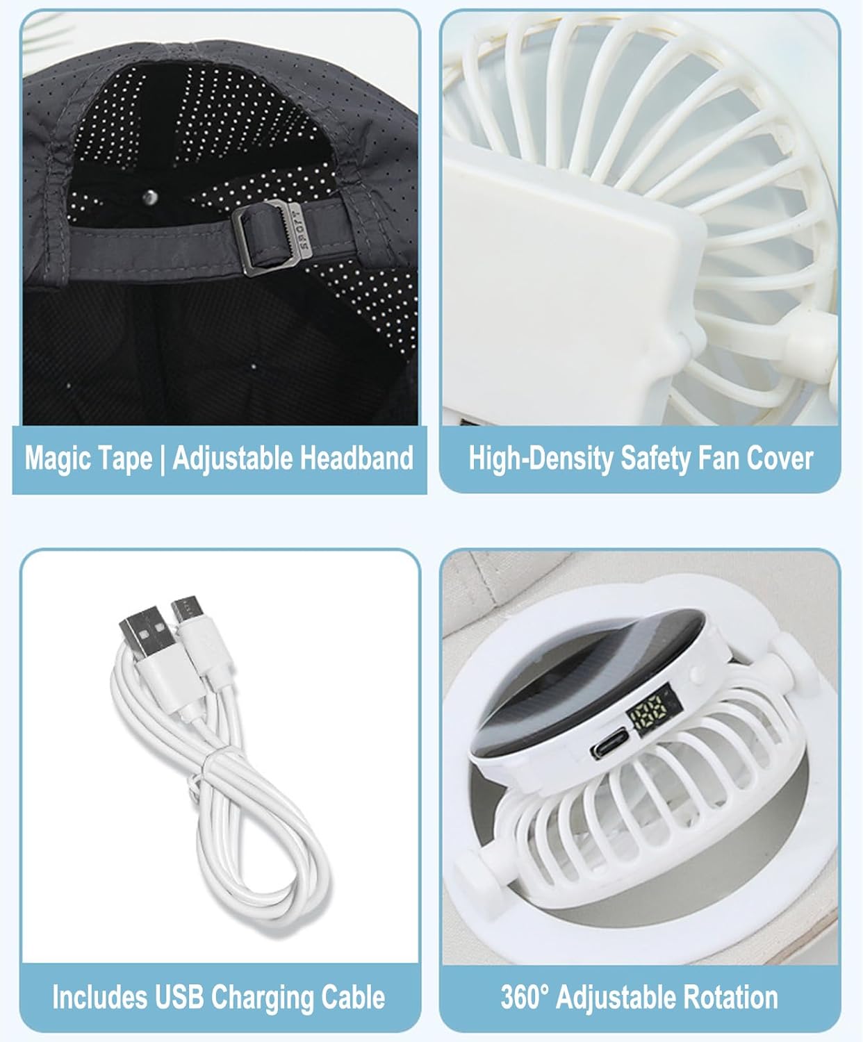 Solar Fan Hat with Removable Fan & USB Charging/Digital Display-Adjustable UPF 50+ Cooling Sun Hat for Outdoor,Beach,Sports