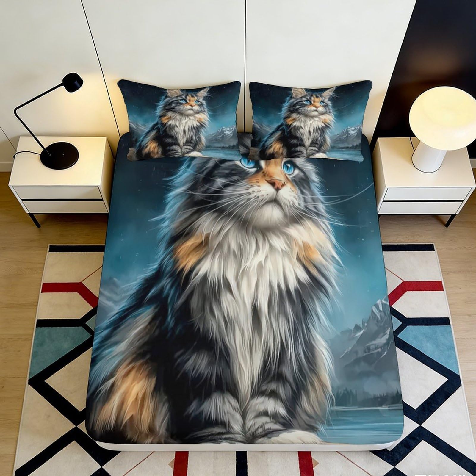 3D Printed Majestic Cat Fitted Sheet Microfiber Soft Durable Blue Gray Bed Cover for Bedroom Dormitory Guest Room Mattress Protection Decor 90x200x25cm