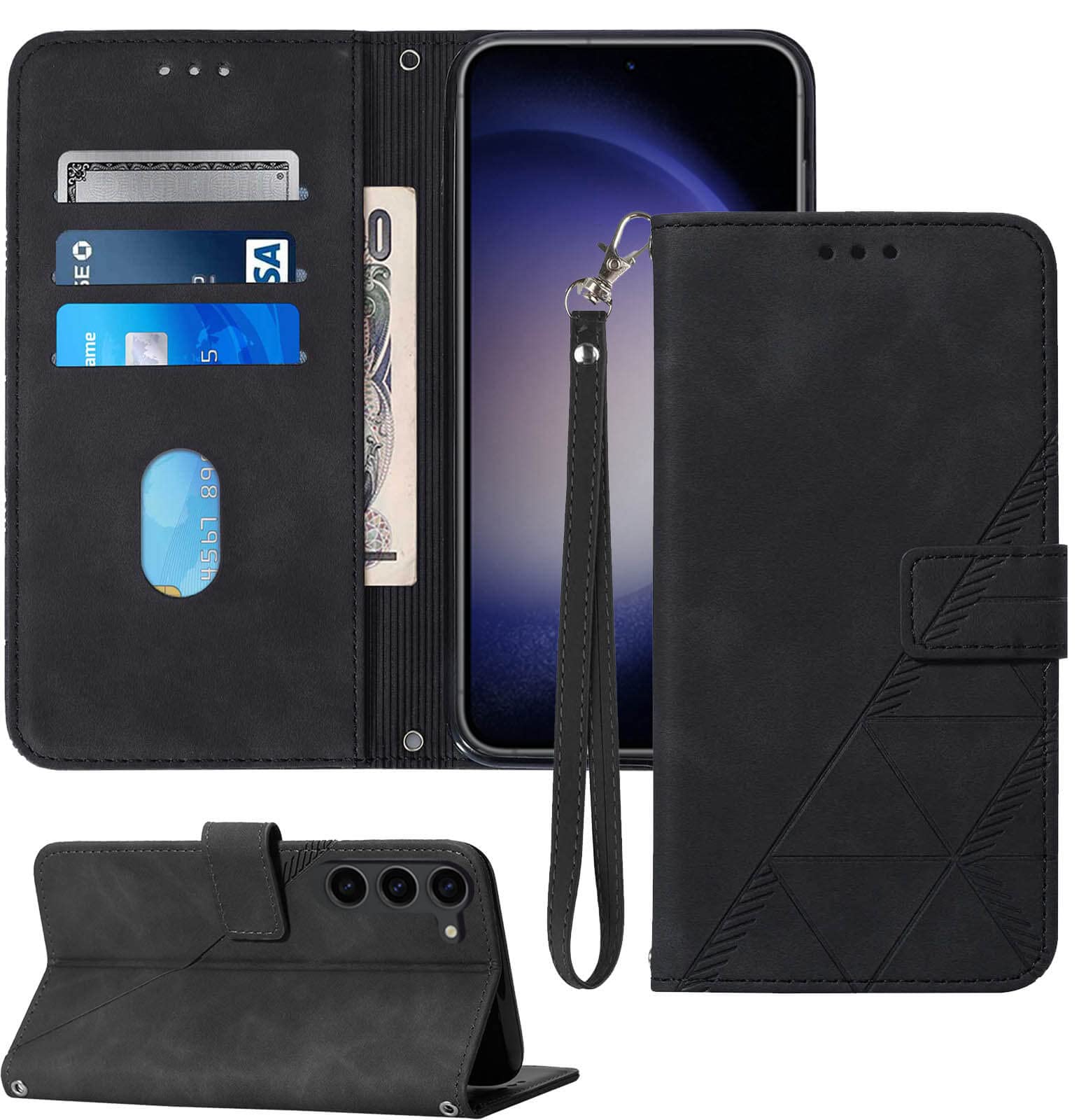 S23 Case Wallet,for Galaxy S23 Case,[Kickstand][Wrist Strap][Card Holder Slots] TPU Interior Protective for Samsung Galaxy S23 Case,PU Leather Folio Flip Cover for Samsung S23 Case 2023 (Black)