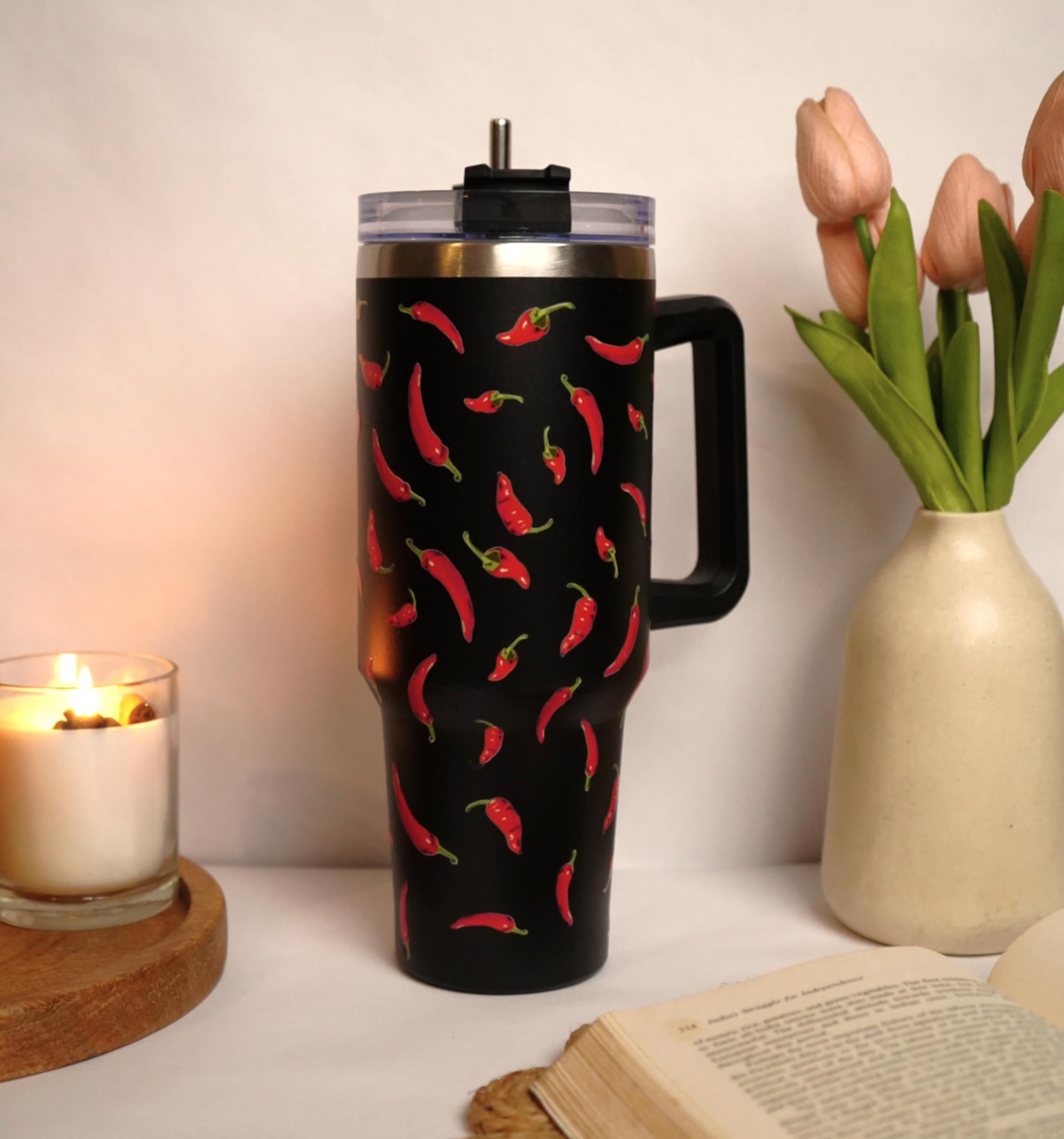 Najarat 1200ML Stainless Steel Tumbler Hot and Cold with Handle and Lid and 2 Straws, Double Insulated Cup Leak Proof Mug Cupholder for Gym, Travelling (Red Chillis)