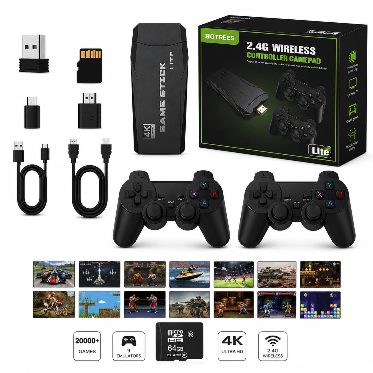 Consola de Juegos Retro Inalámbrica, 2026 Nueva Versión, Dongle HDMI 4K, 9 Emuladores Incorporados, 20000+ Juegos Preinstalados, Set con 2 Mandos Negros，128G 40000Games