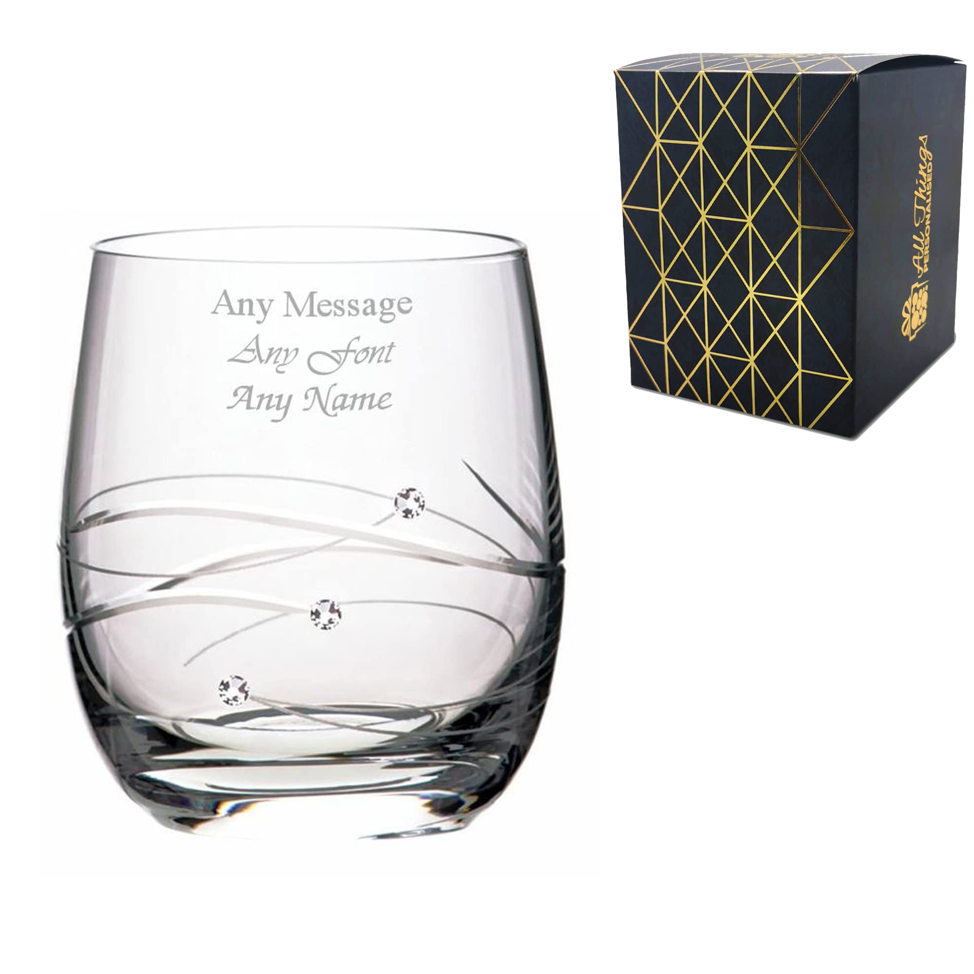 Personalised Engraved Single Diamante Whisky Tumbler with Spiral Design Cutting Gift Box Wedding Birthday Christmas