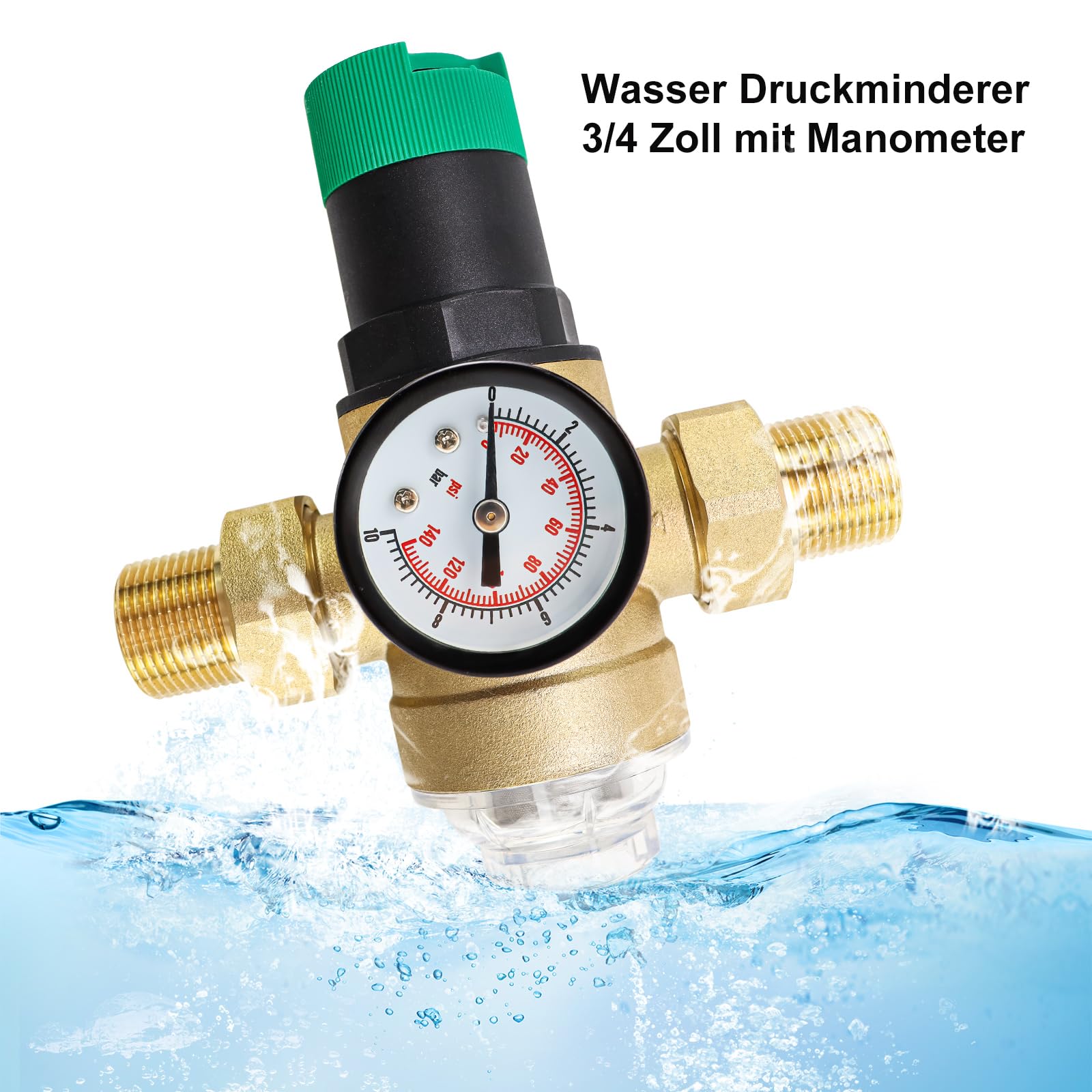 Druckminderer Wasser, 3/4 Zoll DN20 Wasserdruckminderer Messing Druckmindererventil mit Manometer und Filter, Druckregler Wasser Überdruckventil zur Regulierung des Wasserdrucks