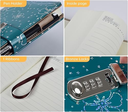 Miniatura 4 de ARRLSDB PU Leather Journal with Lock, A5 Size Diary with Combination Lock Password Notebook Locking Student Diary Notepad (Green)