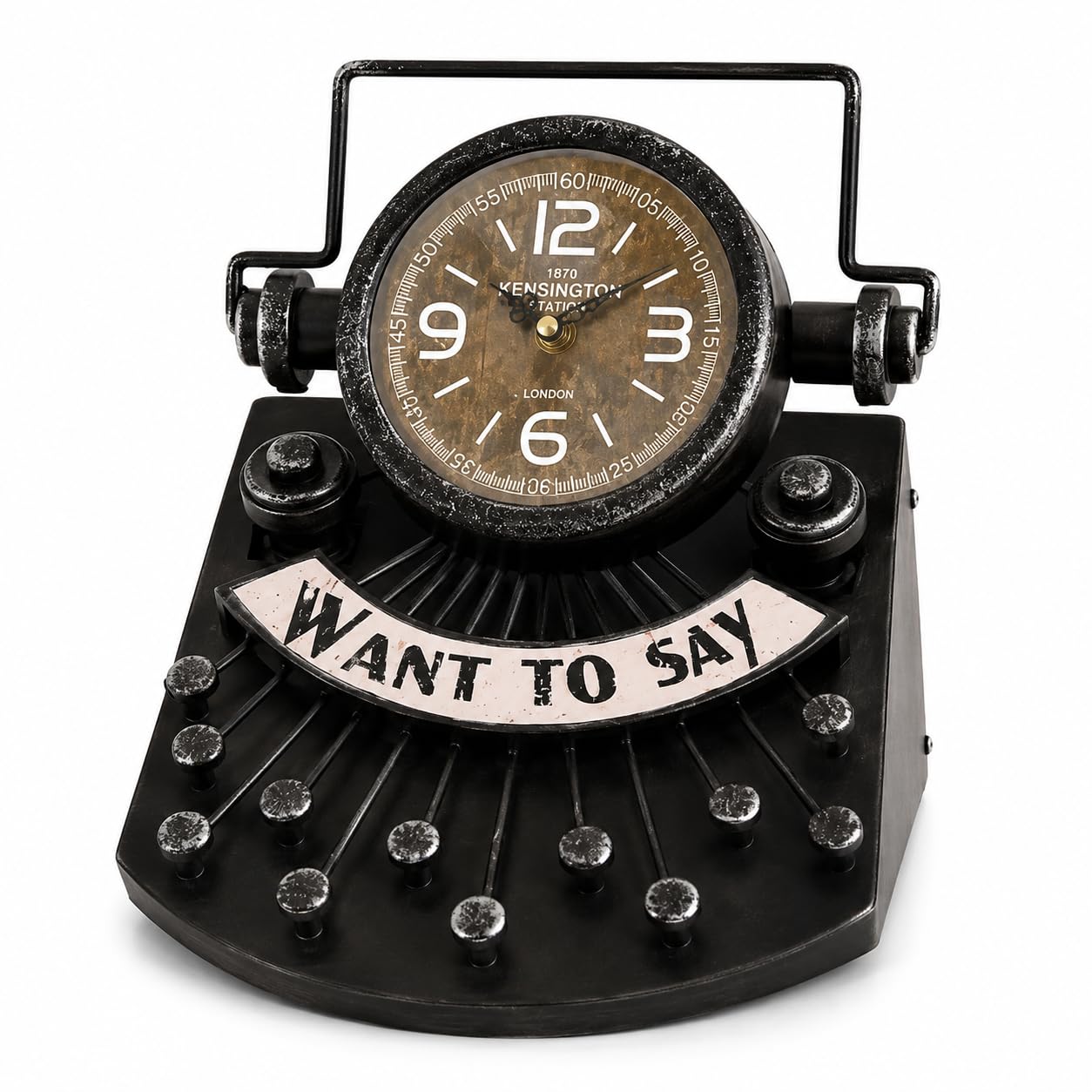 DC VOLTAGE Typewriter-Shaped Metal Table Clock – Retro Vintage Desk Clock for Home, Office & Study | Novelty Decorative Tabletop Timepiece | Unique Gift for Writers & Collectors