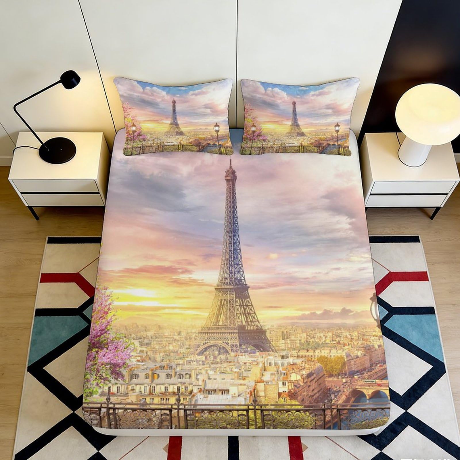 3D Printed Eiffel Tower Sunset Fitted Sheet Microfiber Soft Breathable Paris City Mattress Cover for Bedroom Decor 200x200x25cm