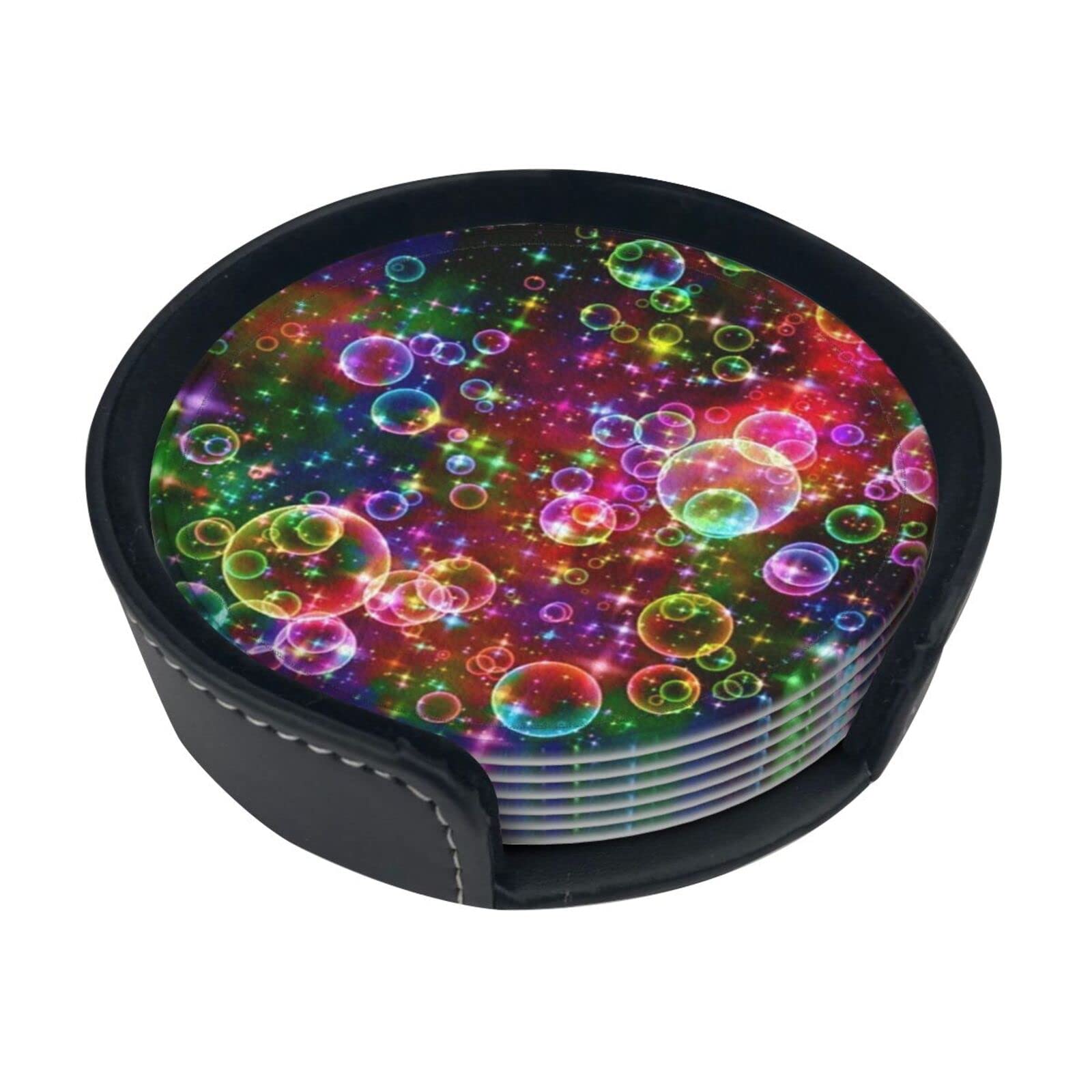Colorful Rainbow Stars Coasters for Drinks,Coaster for Ccoffee Table, with Storage Box Leather Round Coasters Set of 6