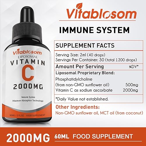 Miniatura 7 de Líquido liposomal de vitamina C de 2000 mg para adultos, alta absorción VIT C, sistema inmunitario de mayor biodisponibilidad y apoyo antioxidante,