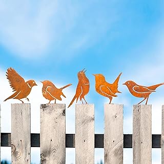 5 Stück Rostvögel Gartendeko mit Schraube für Baumstecker und Rostdeko
