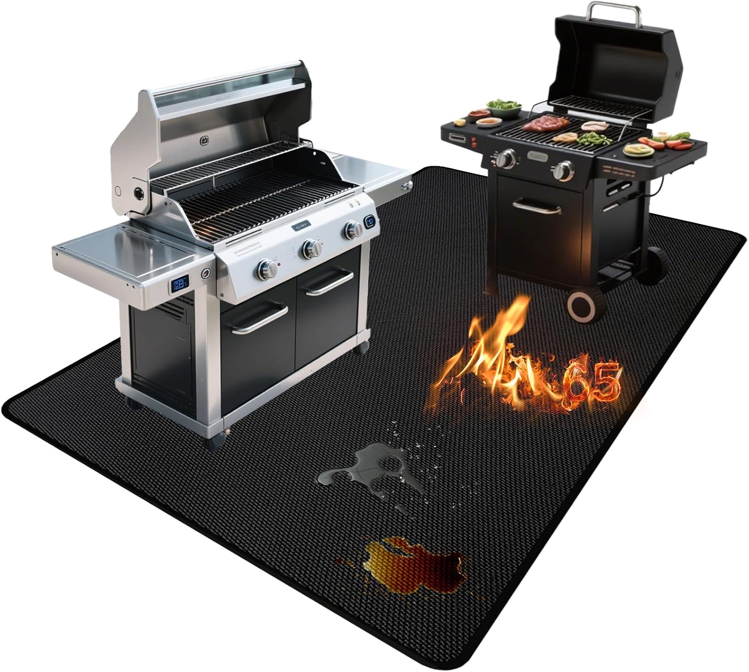 65" x 48" Grill Mats for Outdoor Grill, 2000°F Fireproof Under Grill Mat, Double-Sided Silicone Grill Pads for Deck Protector, Waterproof Oil-Proof BBQ Grill Matt for Fire Pit, Black