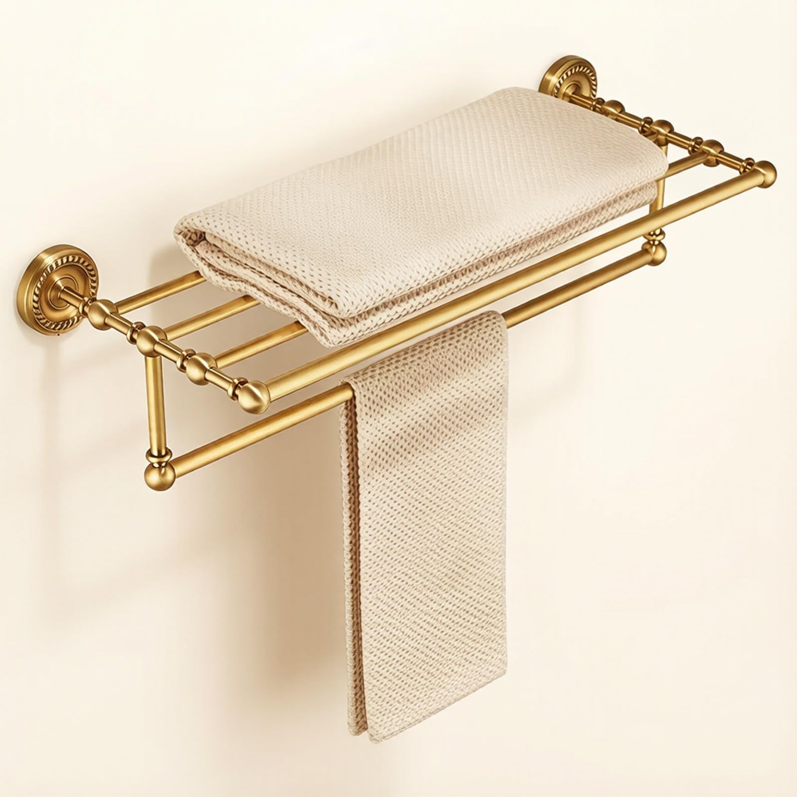 Moderno toallero de pared de 2 niveles en latón cepillado – sin taladrar, cobre antiguo H para el hogar y el hotel – Dimensiones: 62 x 24 x 17 cm / 24.4x9.4x6.7in