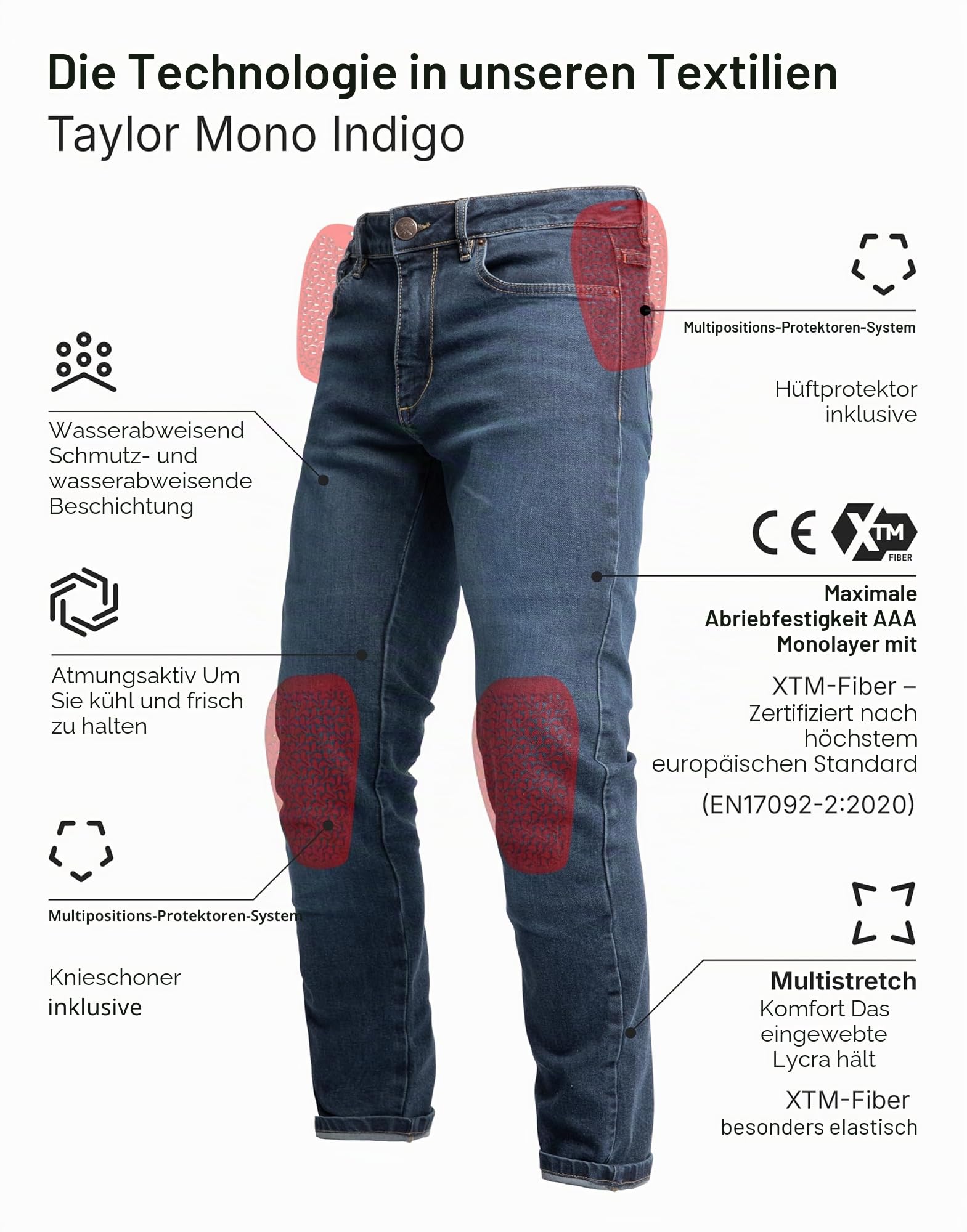 John Doe Taylor Monolayer XTM Motorrad Jeans Stretch Atmungsaktiv mit Protektoren