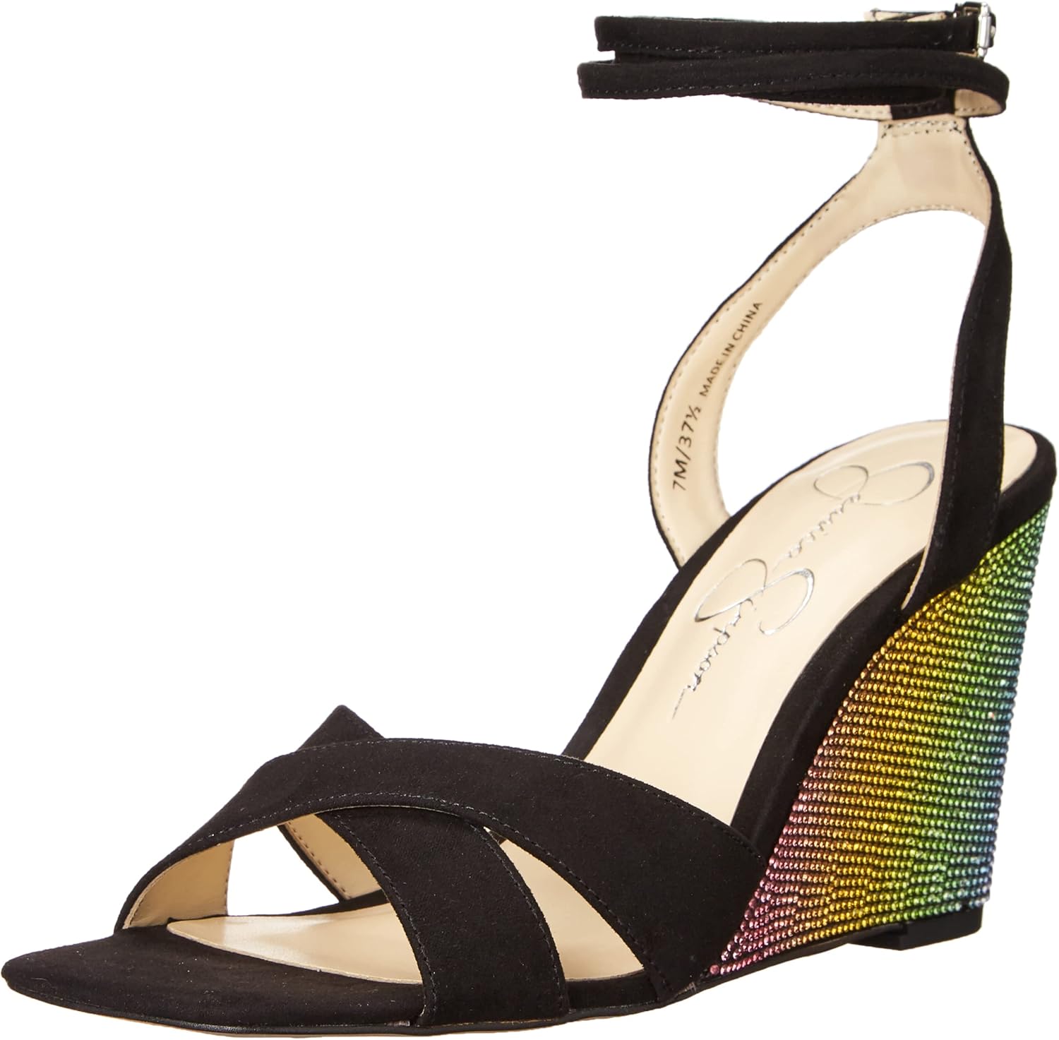 Jessica Simpson Arlisa 2 Women's Faux Suede Embellished Ankle Wrap Wedge Sandals Black 8.5