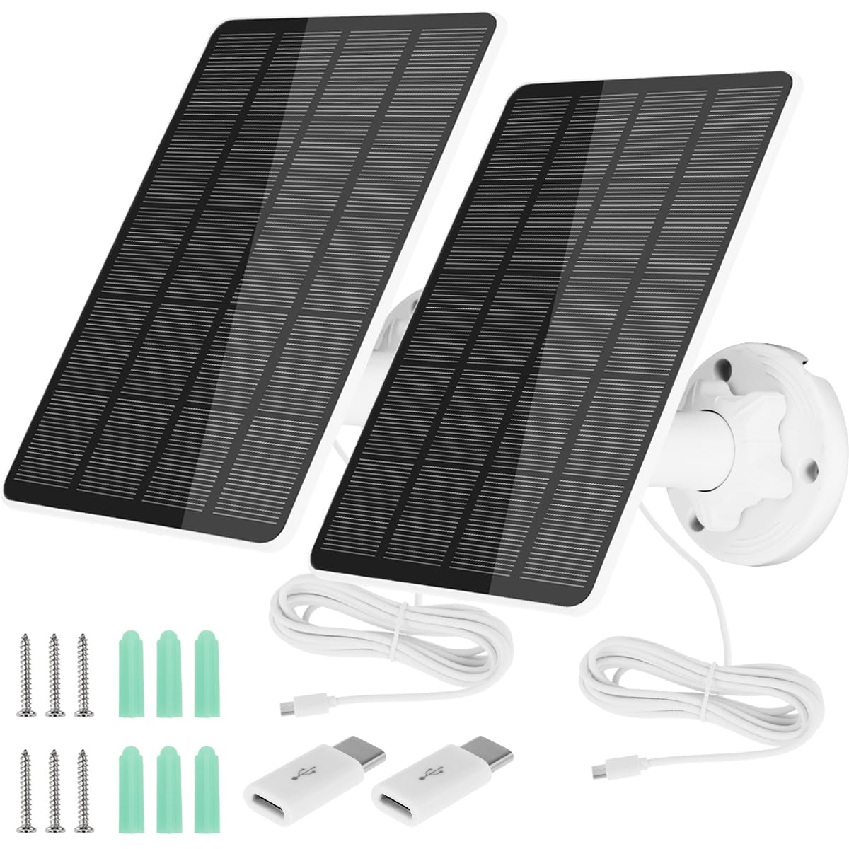 Nihuifdpy White 2Pcs 5W Solar Panel For Security Camera Usb Solar Panel For Dc 5V Outdoor Rechargeable Battery Camera, Ip65 Waterproof Solar Panels With Micro Usbs And Usb-C Port, 360° Rotatable Wall Stand, 3M Cable
