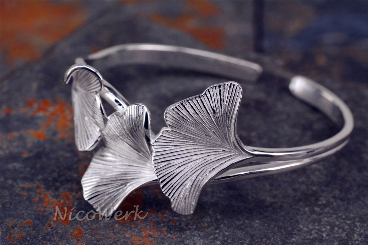NicoWerk Silber Armreif Ginkgo-Blatt Ginko Natur Breit Matt Glatt Armspange Armband 925 Damen Schmuck Geschenk Sterling SAR117