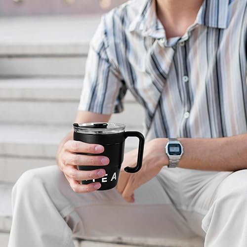 Miniatura 5 de Taza de café aislada con asa, bonita taza de viaje de 14 onzas, taza de café de acero inoxidable al vacío, para mantener las bebidas calientes