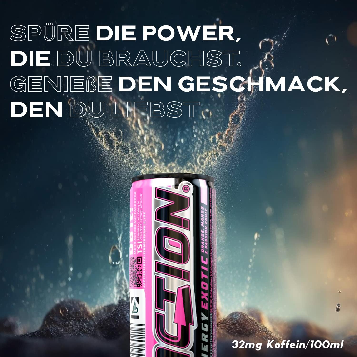 Action Energy Drink Exotic (48 x 250 ml) incluye depósito – Refresco con naranja, mango y sabor a fruta de la pasión – patata energética con mayor contenido de cafeína 32 mg/100 ml de cafeína enfoque