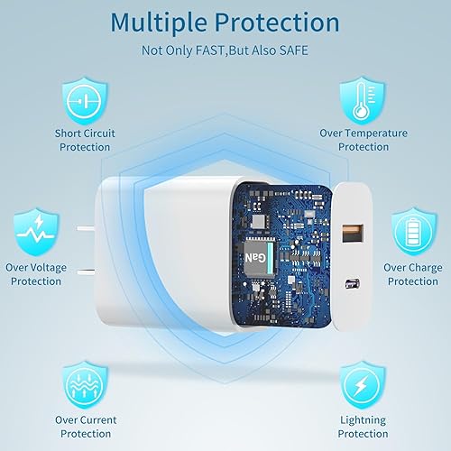 Miniatura 3 de Cargador rápido para iPhone certificado MFi, 3 unidades de 20 W de doble puerto QC + PD 3.0 Power USB C adaptador de cargador de pared con cable