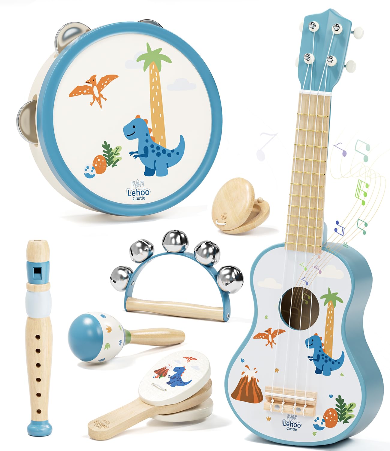 Lehoo Castle Kids Guitar Set, Dinosaur Guitar for Toddlers 1-3, Wooden Montessori Musical Instruments 7 in 1 with Ukulele/Tambourine/Maracas/Flute, Mini Band Set Birthday Gift for Boys Girls - 2