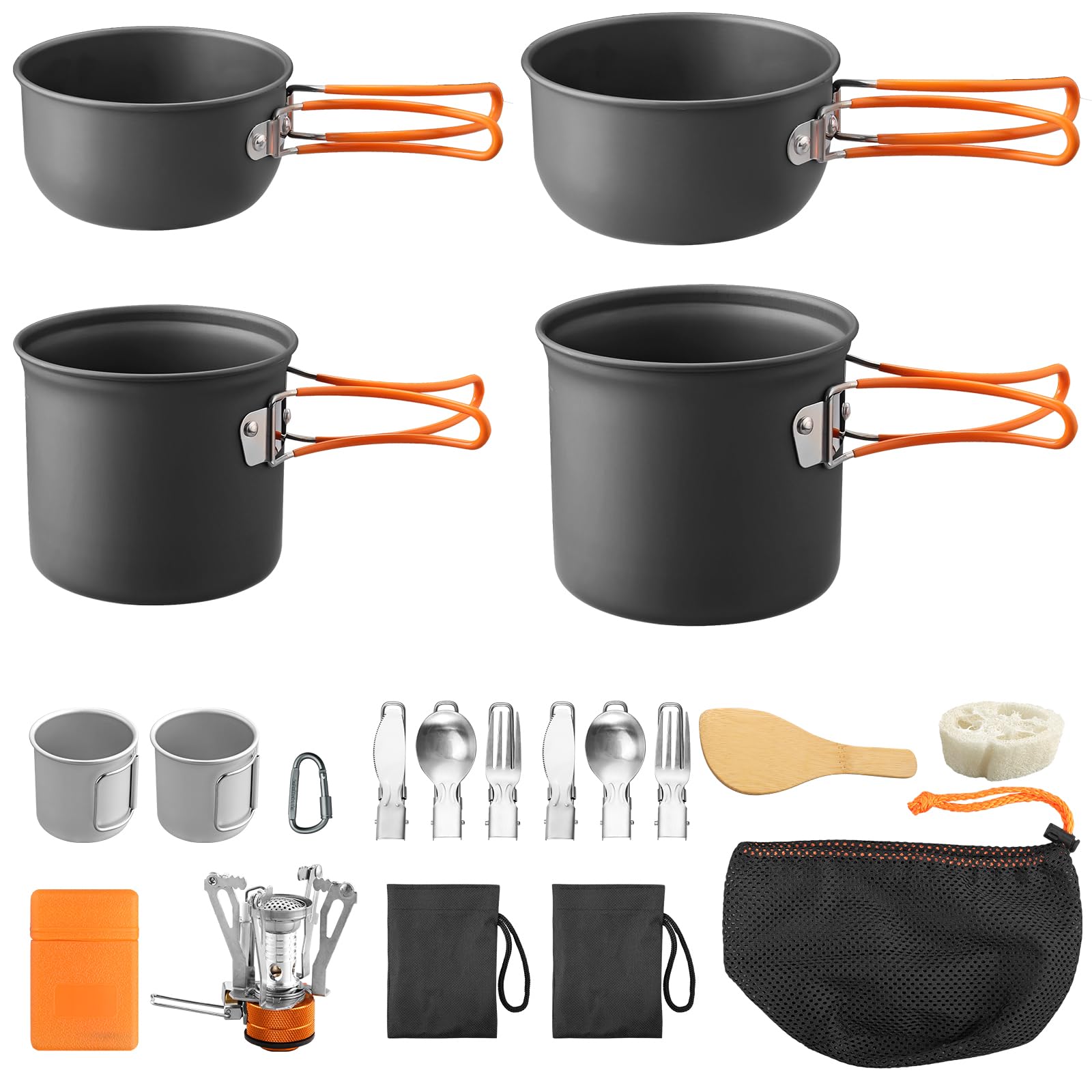 FUNYKICH 19PCS Portable Camping Cooking Set with Stove Top, Non-stick Camping Pots and Pans Set, Lightweight Stackable Pot Pan Bowls Soup Spoon with Storage Bag for Camping, Outdoor Cooking