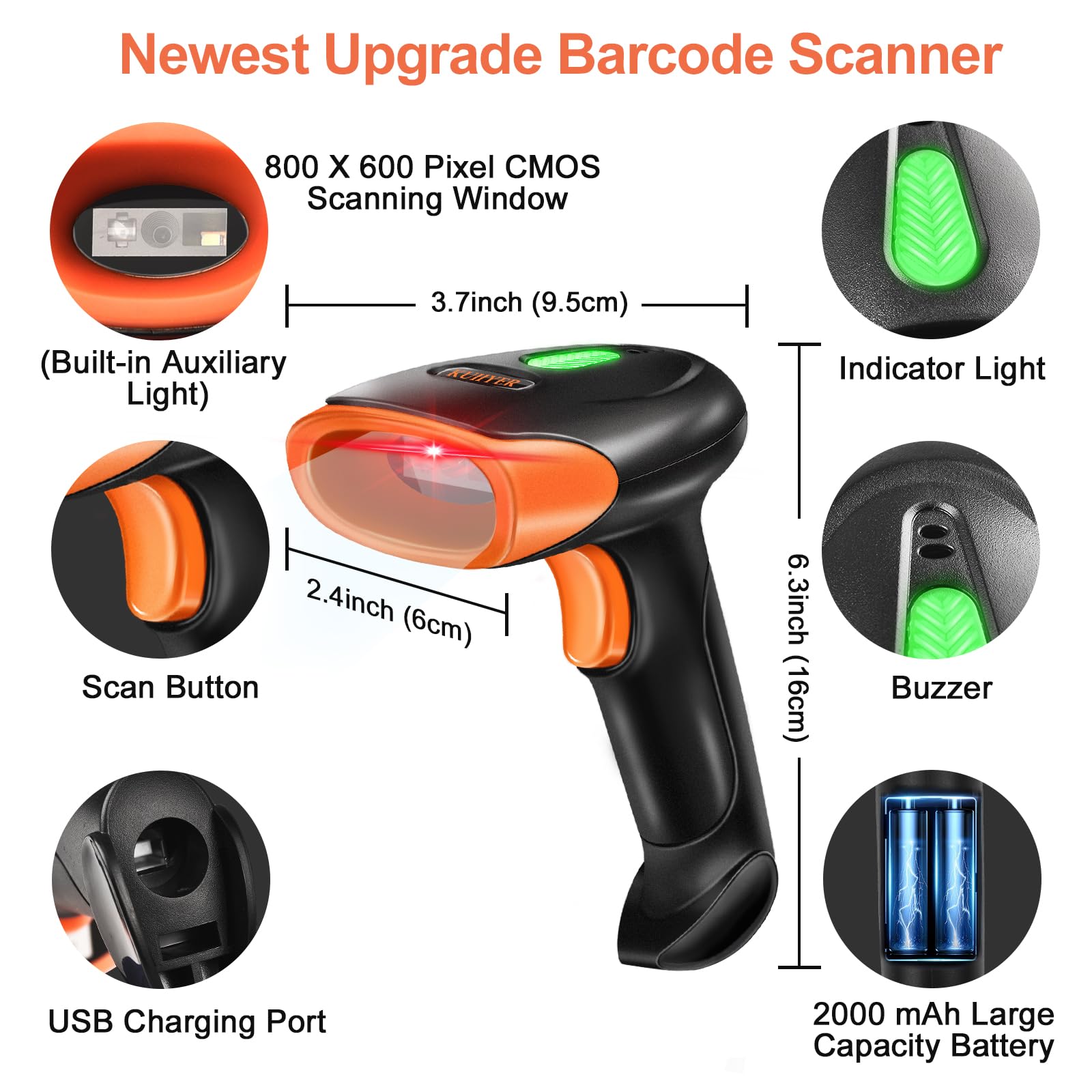 KUIIYER Wireless Barcode Scanner, 2D QR 1D Bar Code Scanners Handheld Barcode Reader with Updated 800 X 600 Pixel CMOS & Built-in Light, Plug & Play for Computers, PC, Laptop, Desktop & POS