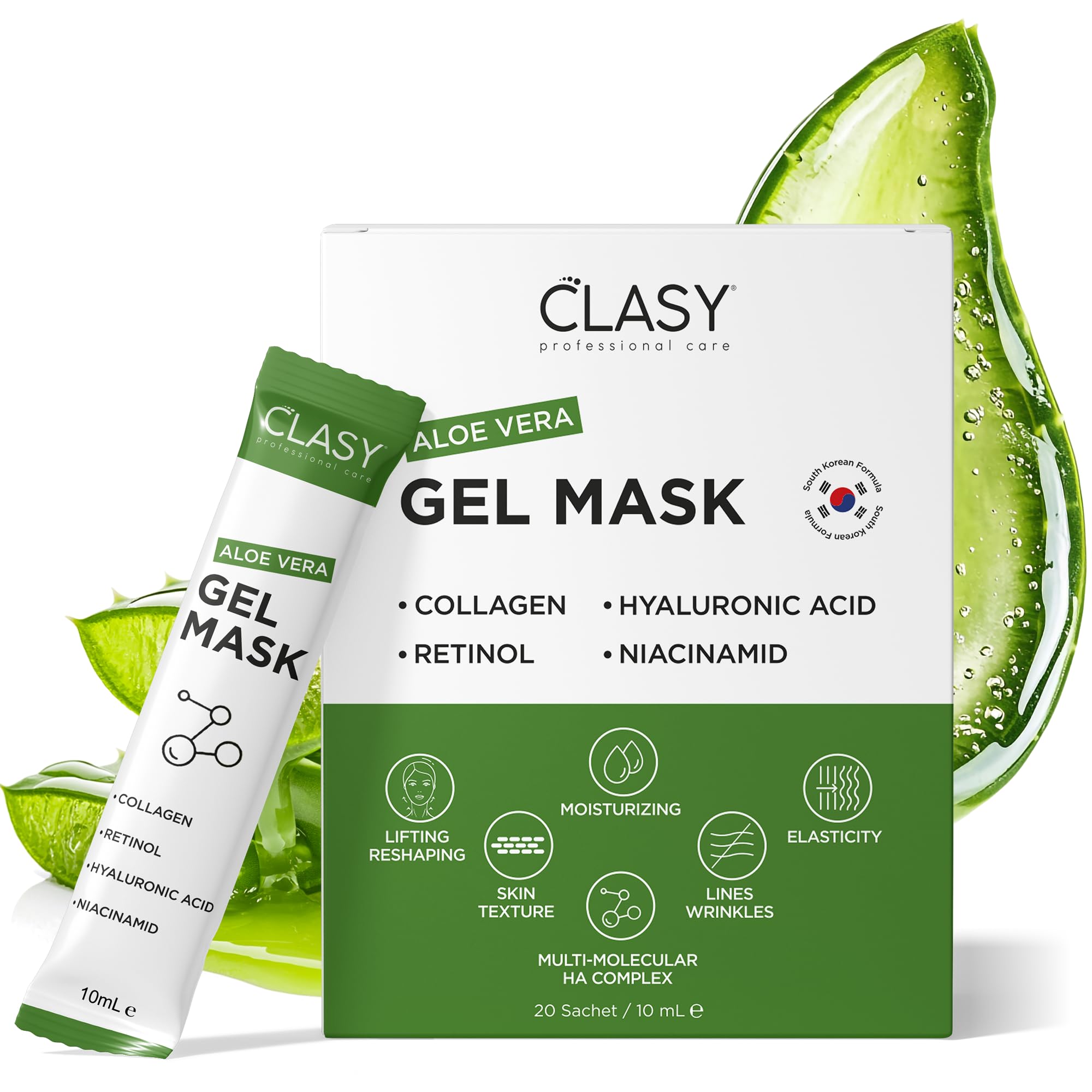 Clasy Care Aloe Vera Jel Maske - Kolajen ve Retinol ile Nemlendirici Yüz Maskesi - Güneş Yanığına Karşı Ferahlatıcı Bakım - Seyahat Boyu