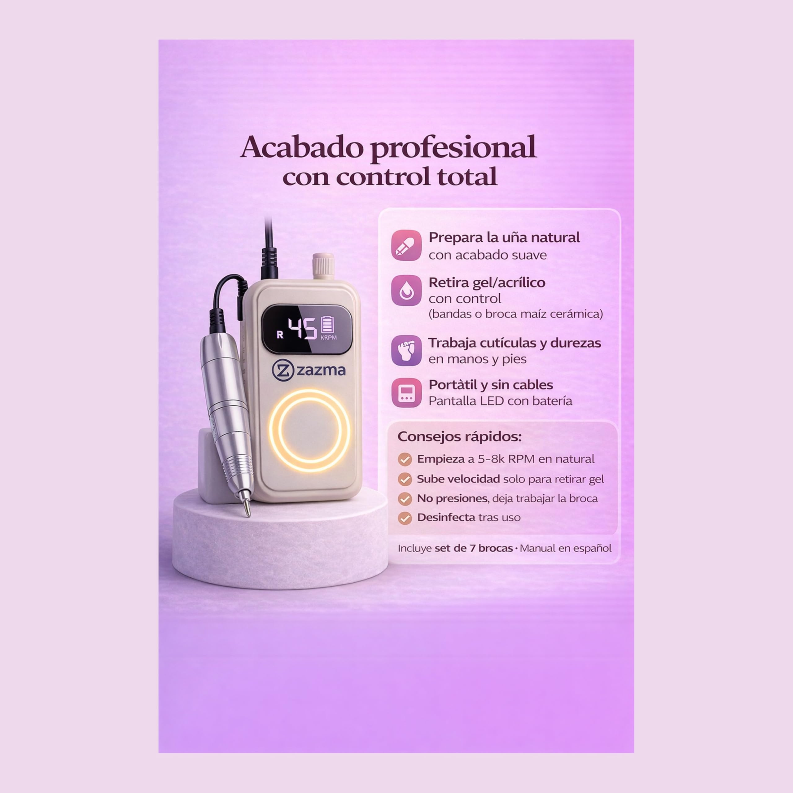 Torno de Uñas Recargable USB-C con Pantalla Digital, 7 Brocas y Bandas