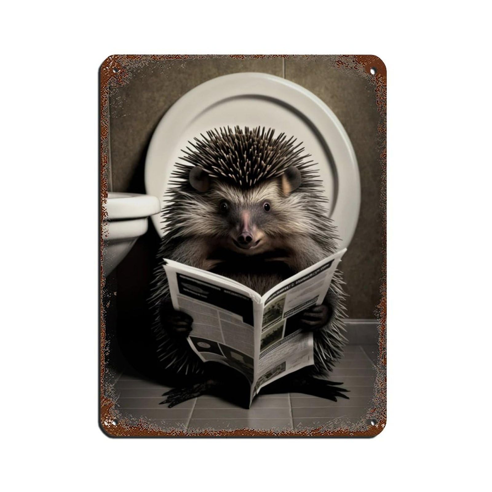Porcupine Sitting on The Toilet Reading A Newspaper Tin Sign Vintage Metal Pub Club Cafe Bar Home Wall Art Decoration Poster Retro 12x16inch(30x40cm)