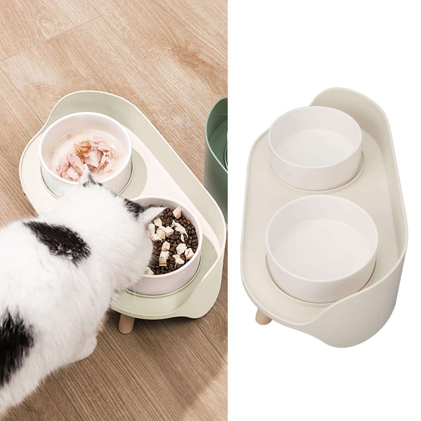 HEEPDD Ciotole per Gatti Domestici, Ciotole Rialzate per Gatti in Ceramica Prevenire la Fuoriuscita Protezione della Colonna Vertebrale Cervicale Doppia Ciotole Rialzate per Acqua Alimentare (Bianco)