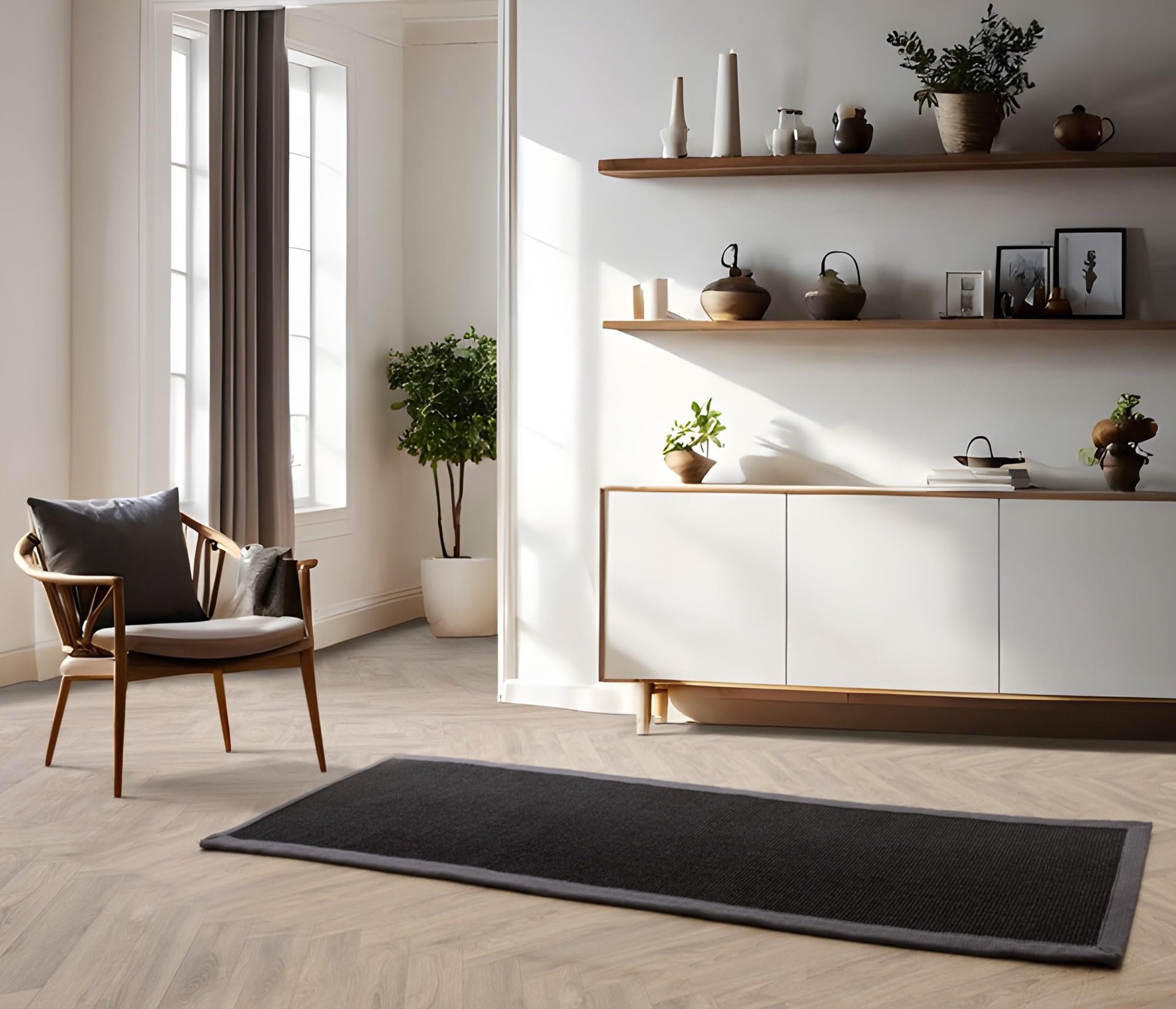 Lord of Rugs Sisal Rug Natural Weaves Anti-Slip Flatweave Cotton Bordered Living Room, Kitchen, Bedroom Hallway Rug Black/Grey Runner L300xW68 cm (10'x2'2")