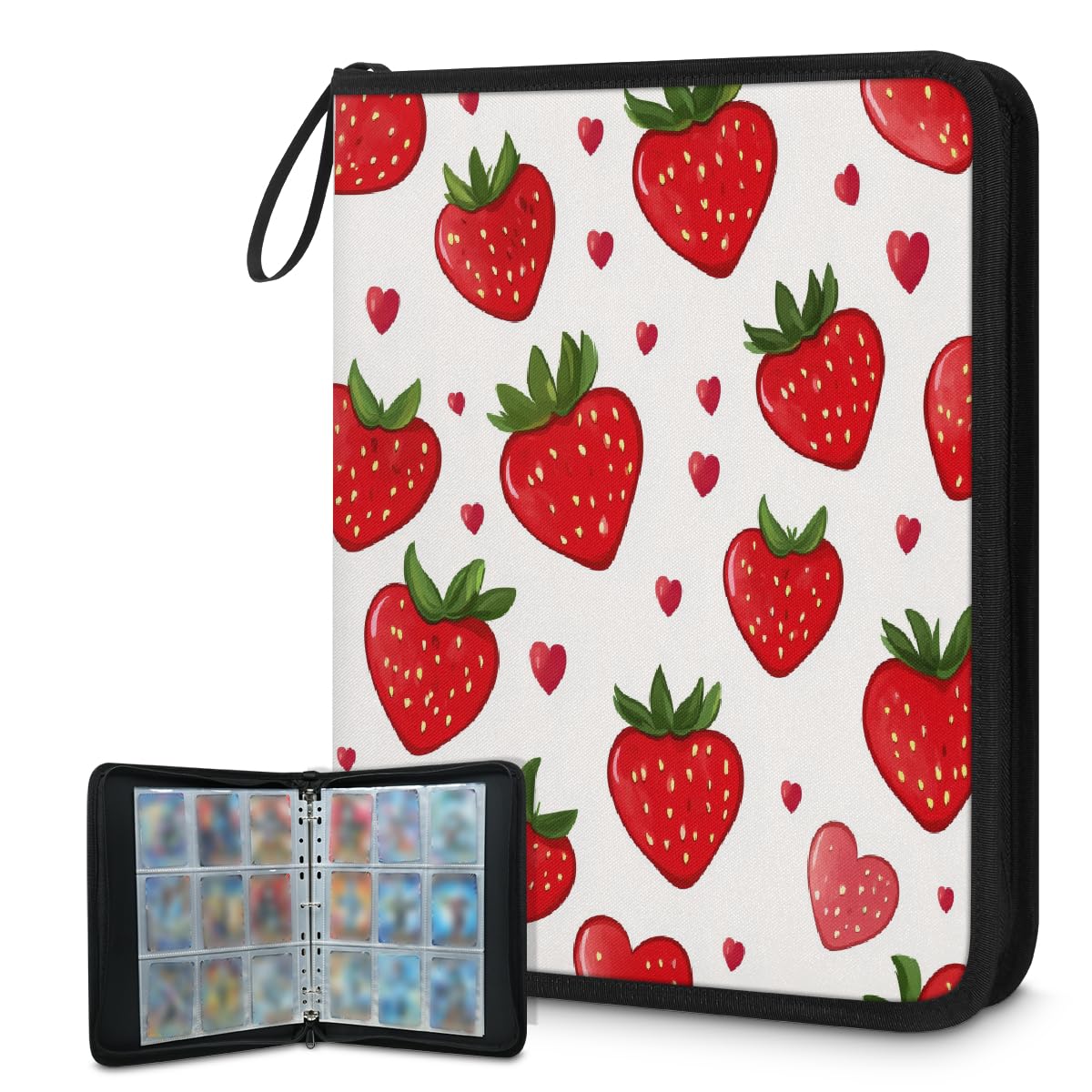 Classeur pour cartes à collectionner à 4 poches, 900 poches, sac de rangement double face avec pochettes amovibles, joli motif fraise rouge, lot de protecteurs d'album pour collectionneurs