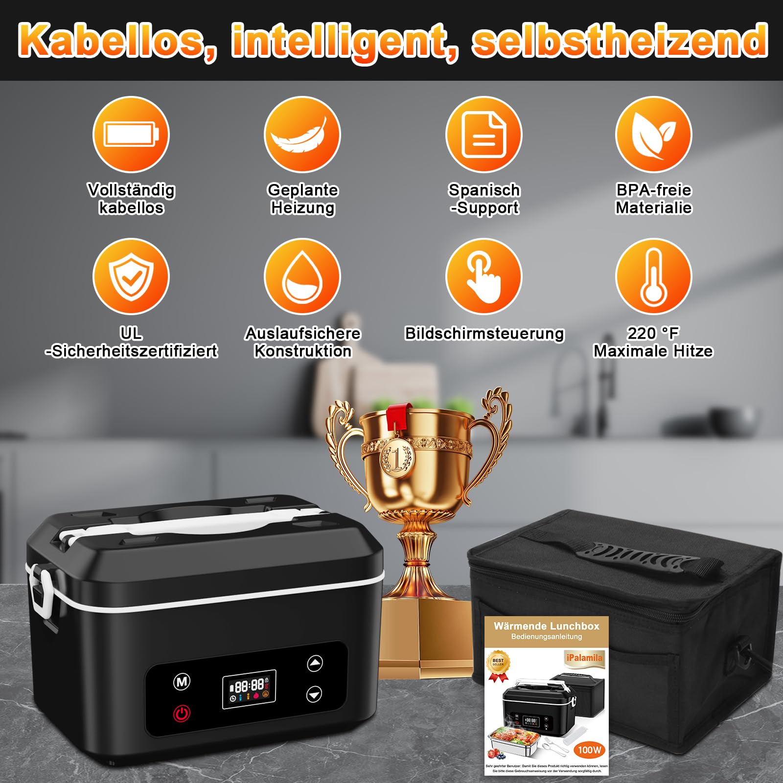 Elektrische lunchbox hermobehälter für Essen mit Akku – 24000 mAh,1,3 L beheizbare lunchbox,3D-Vollflächenerwärmung & Temperaturkontrolle –lunchbox elektrisch Ideal für LKW,Büro und Reisen (schwarz)