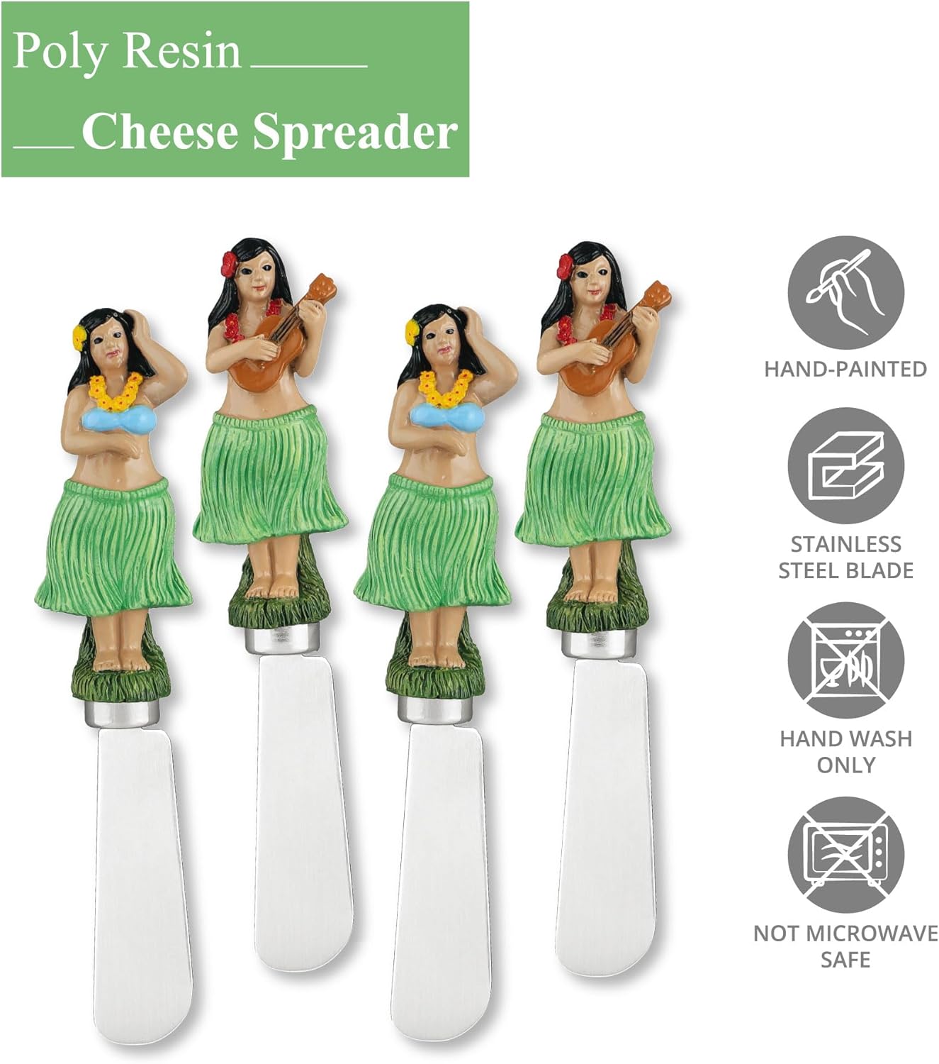Supreme Housewares Island Dancer Cheese Spreaders, Hand-Painted Resin Handles with Stainless Steel Blades for Spreading Cream Cheese, Butter, and Jam, Assorted Designs, Set of 4